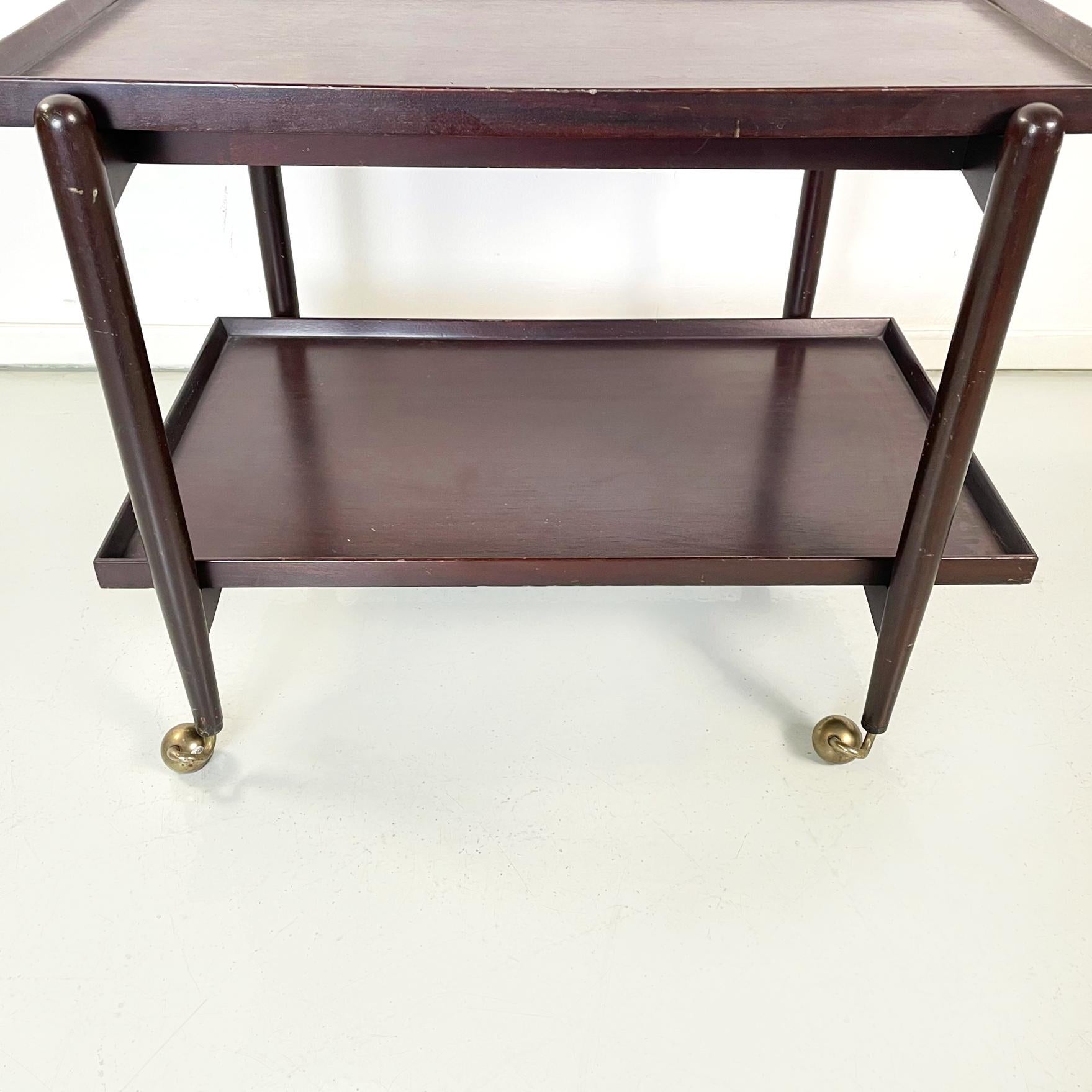 Italian Midcentury Dark Wooden Cart with Sliding Shelves and Brass Wheels 1960s For Sale 1