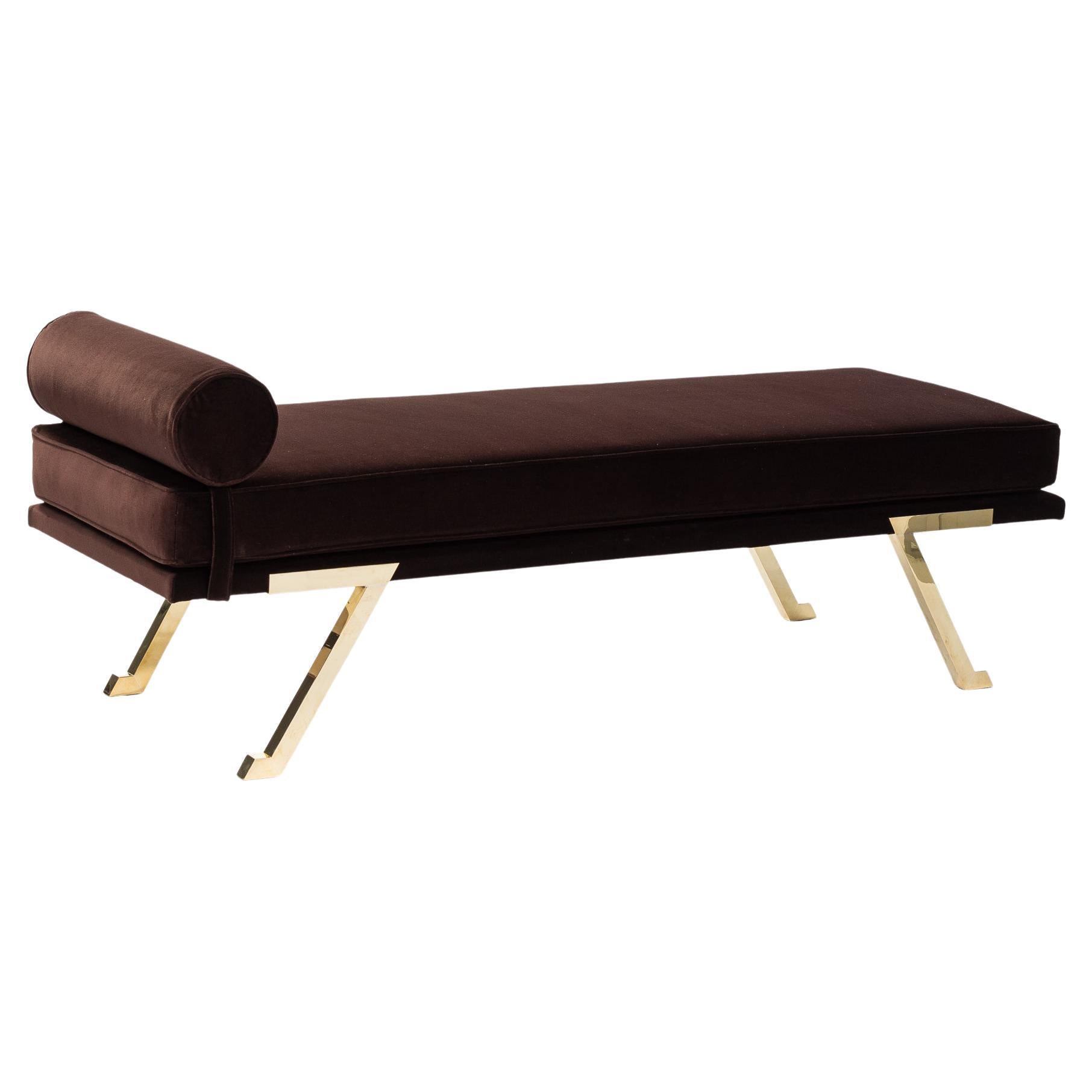 Italian Mid-Century Daybed / Bench Brass Legs, Chocolate Brown Velvet 1970s