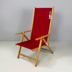 Silla Deck italiana de mediados de siglo en tela roja y madera por fratelli Reguitti años 60