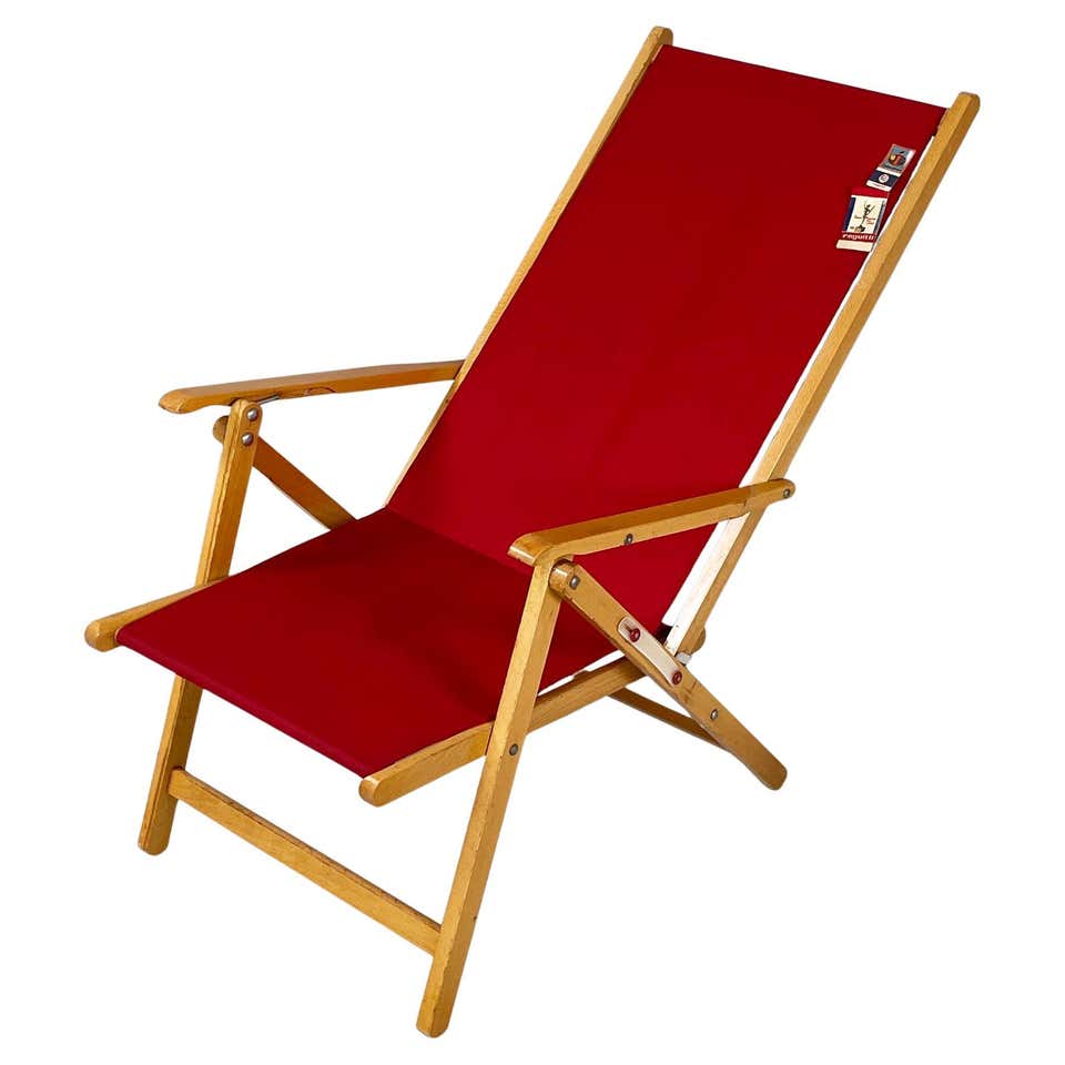 Italian mid-century small wooden and original colored fabric deckchair ...