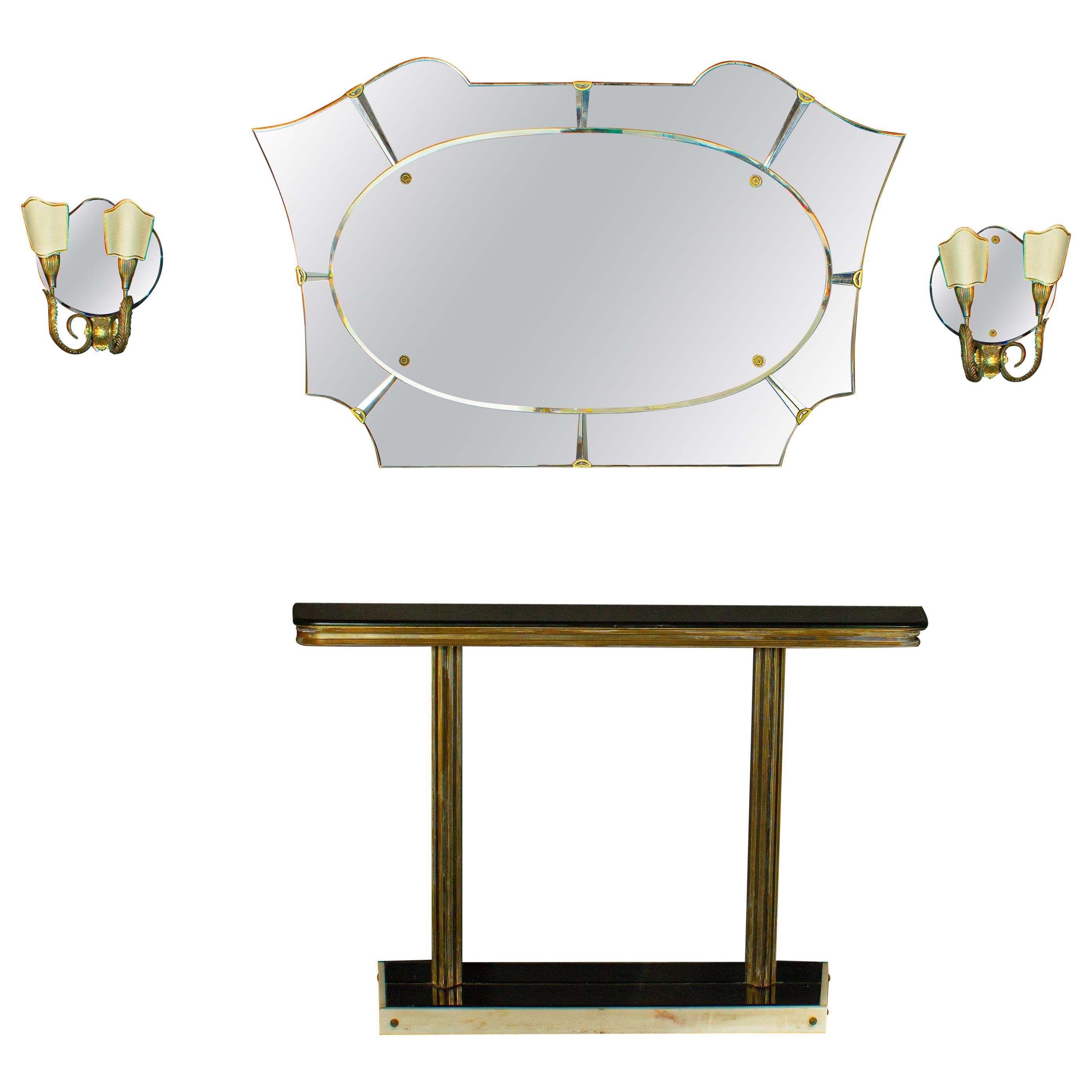 Italian Midcentury Design Console Table with Mirror and Sconces, 1950
