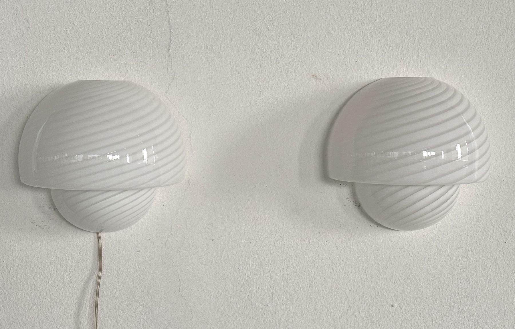 Hand-Crafted Italian Mid-century Designer  Murano Swirl Glass Mushroom Wall Sconces, 1970s For Sale