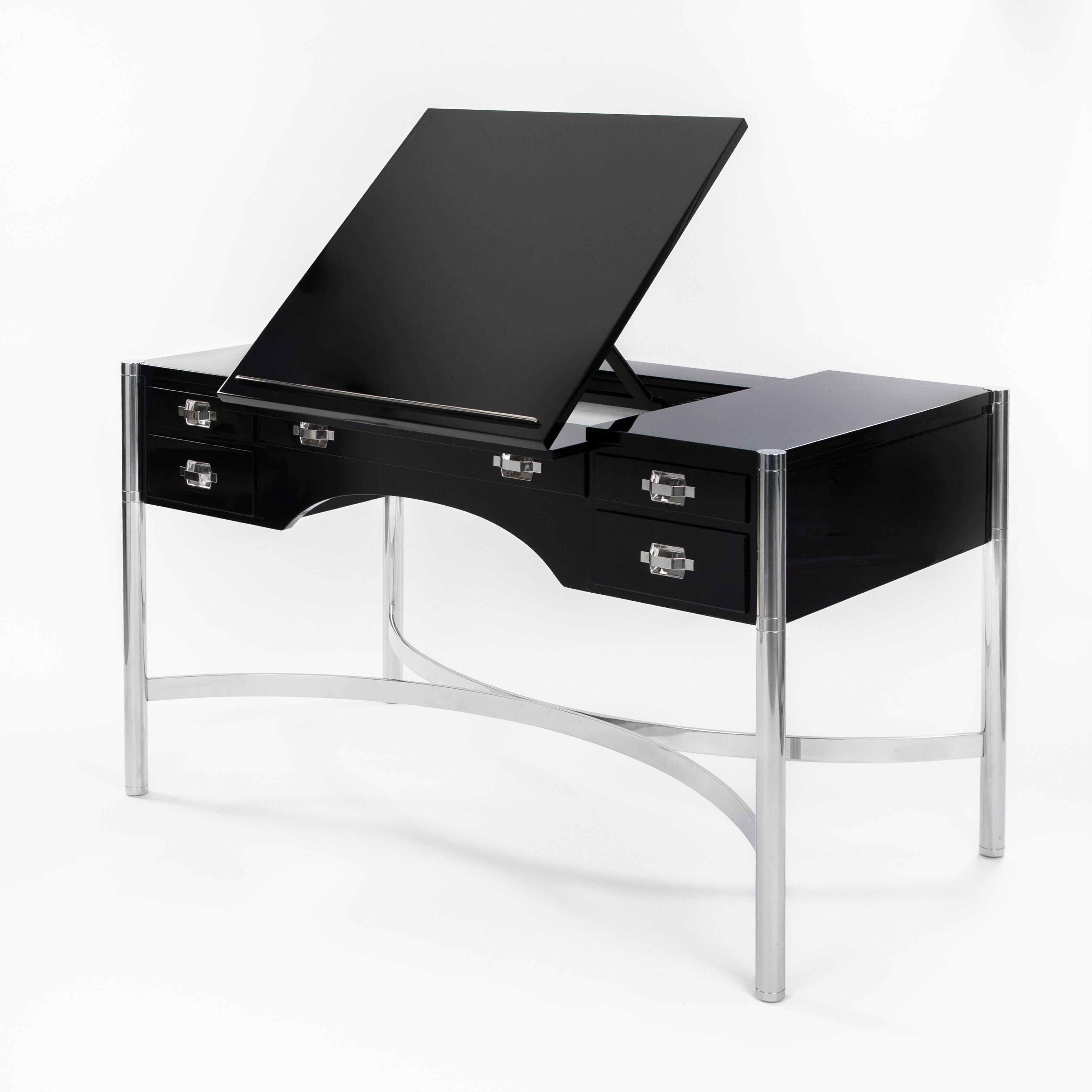 Italienischer Schreibtisch aus der Mitte des Jahrhunderts Schwarzer Lack & Edelstahl von STUDIODADA 1970s im Angebot 9