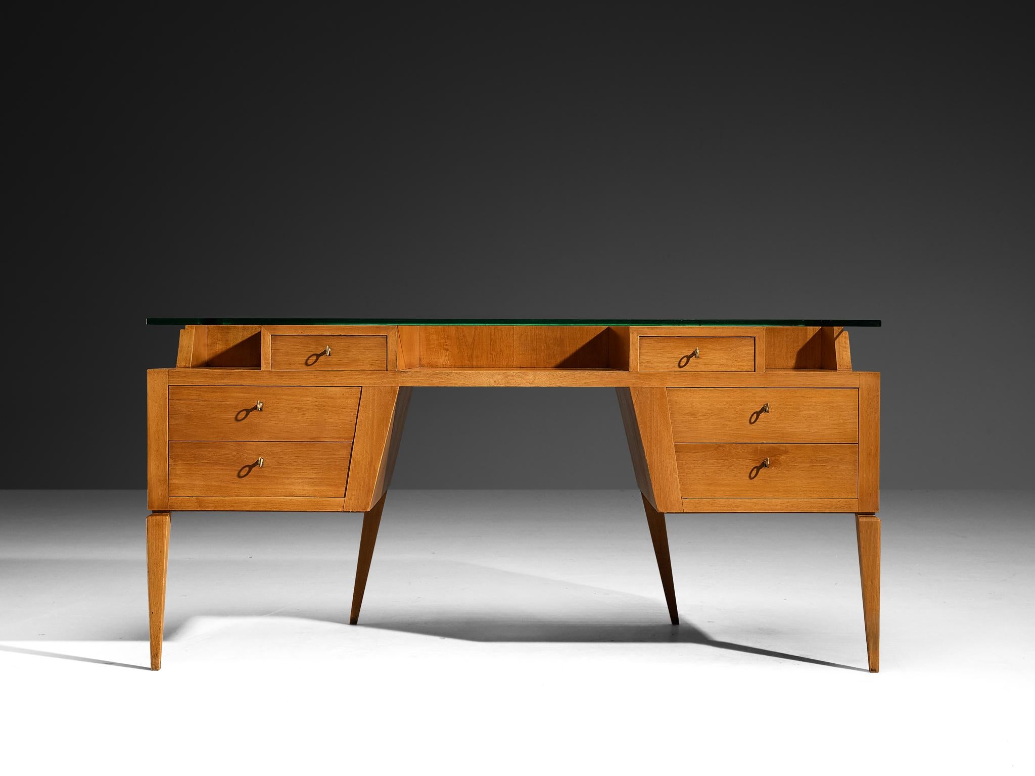 Mid-Century Modern Italian Mid-century Desk in Walnut with Floating Glass Top For Sale