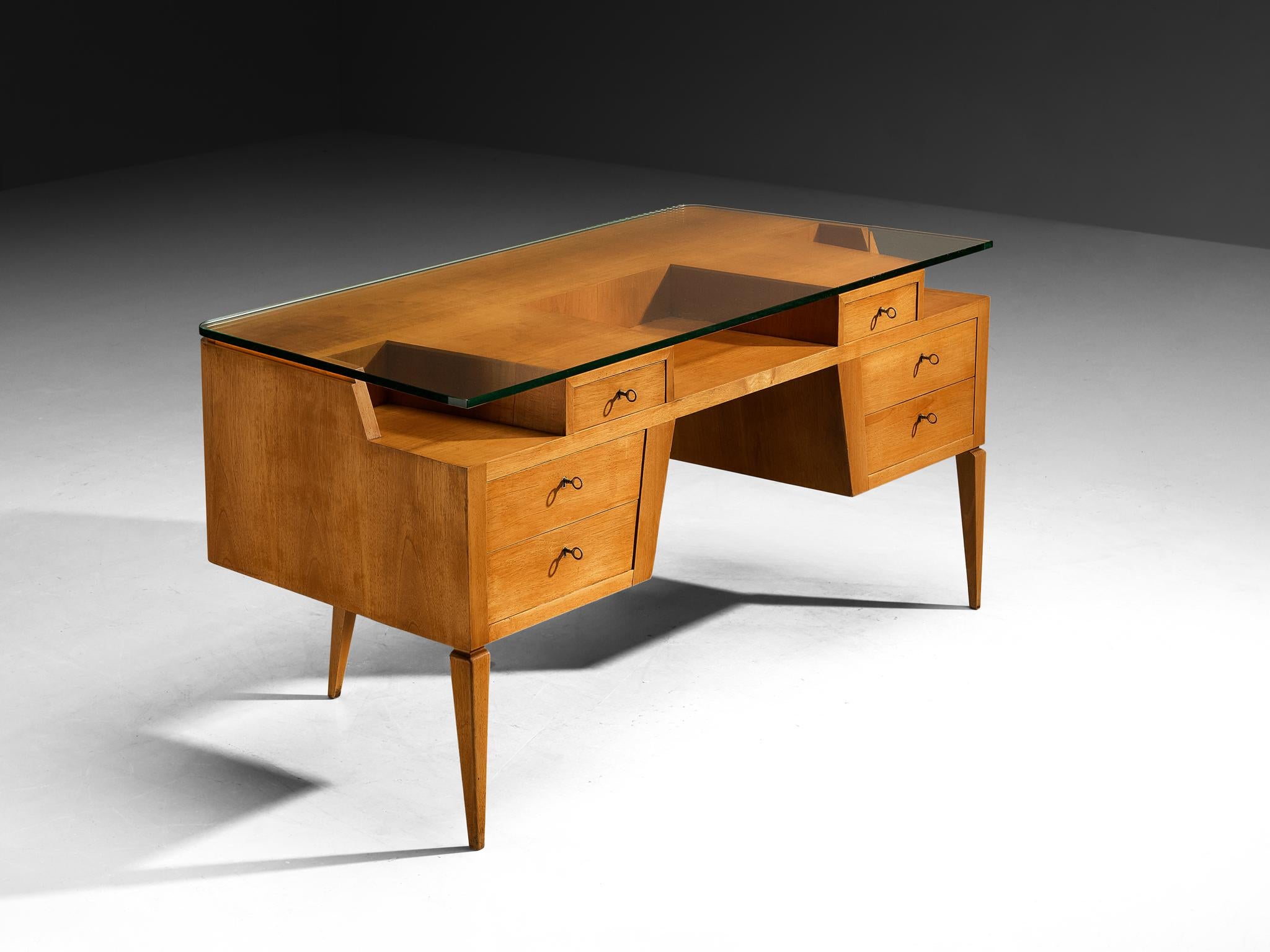 Italian Mid-century Desk in Walnut with Floating Glass Top In Good Condition For Sale In Waalwijk, NL