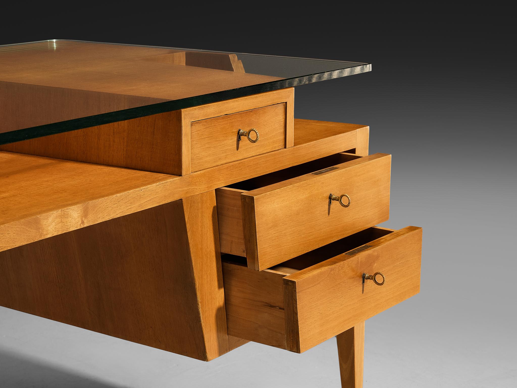 Italian Mid-century Desk in Walnut with Floating Glass Top For Sale 1