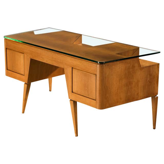 Mid-Century Modern Desk, Beech and Walnut with Yellow Glass Top, 1950s ...