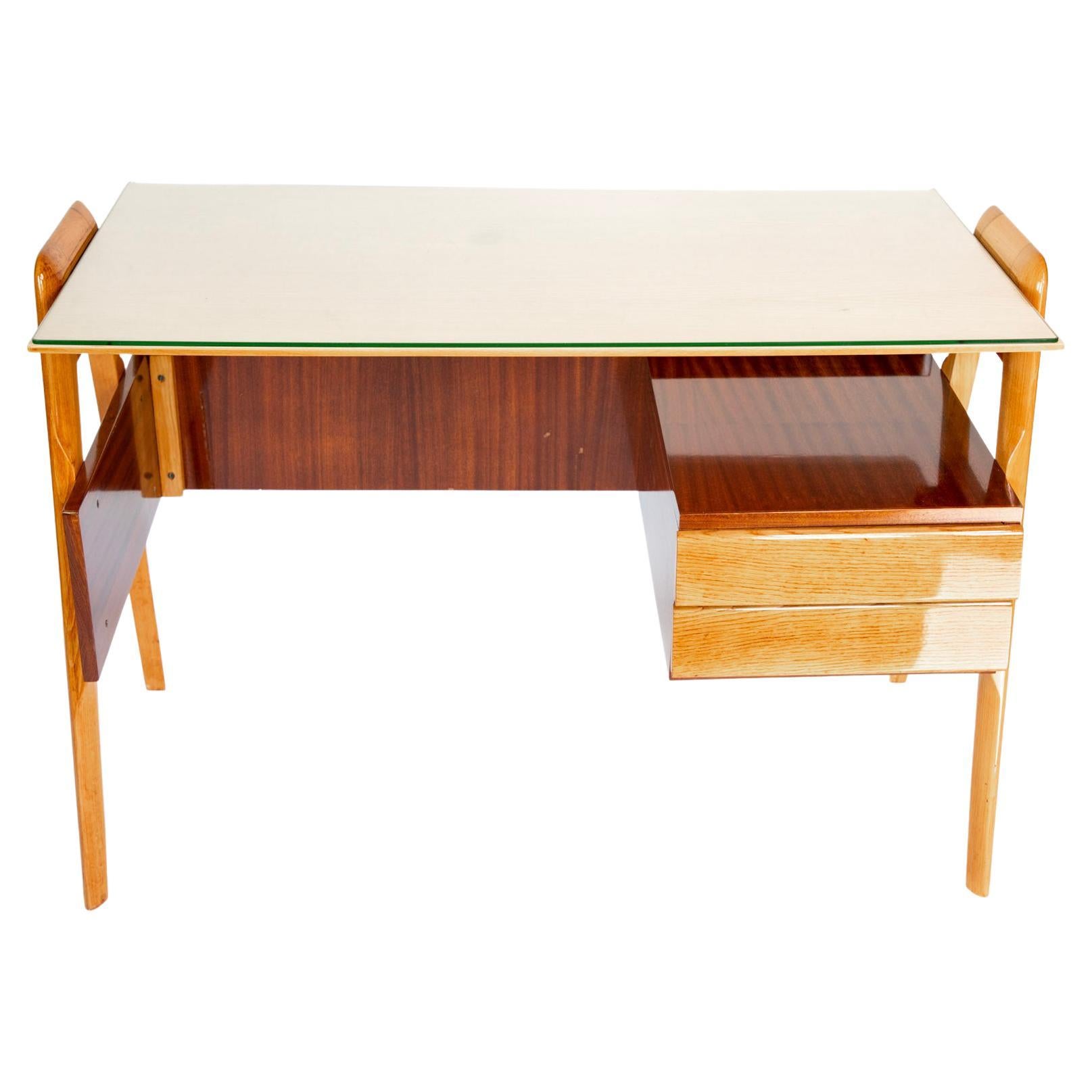  Mid Century Modern Wooden Desk by Vittorio Dassi, Layer of Glass, Italy 1950s