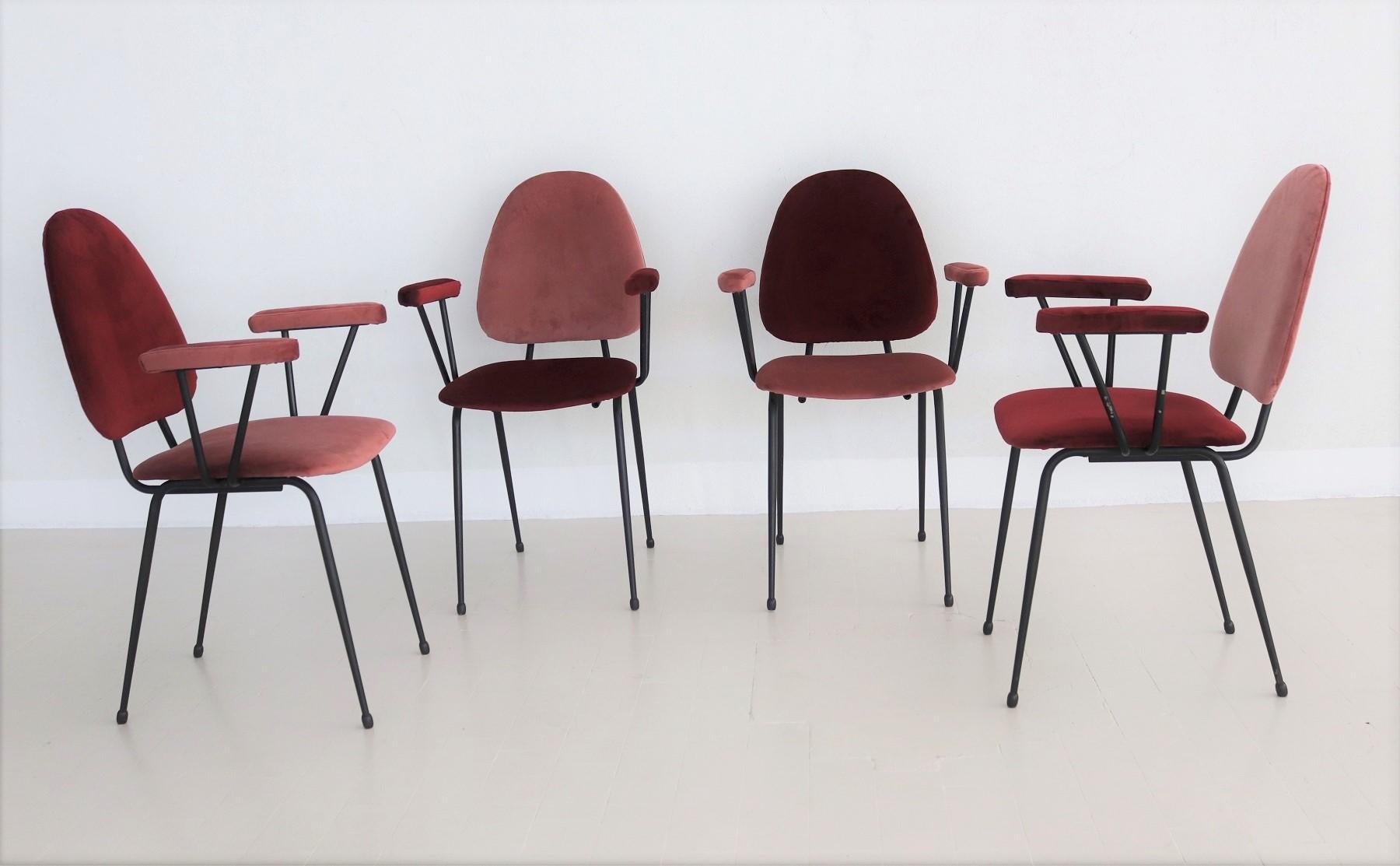 Metal Italian Mid-Century Dining Room Chairs Re-Upholstered in Velvet, 1960s