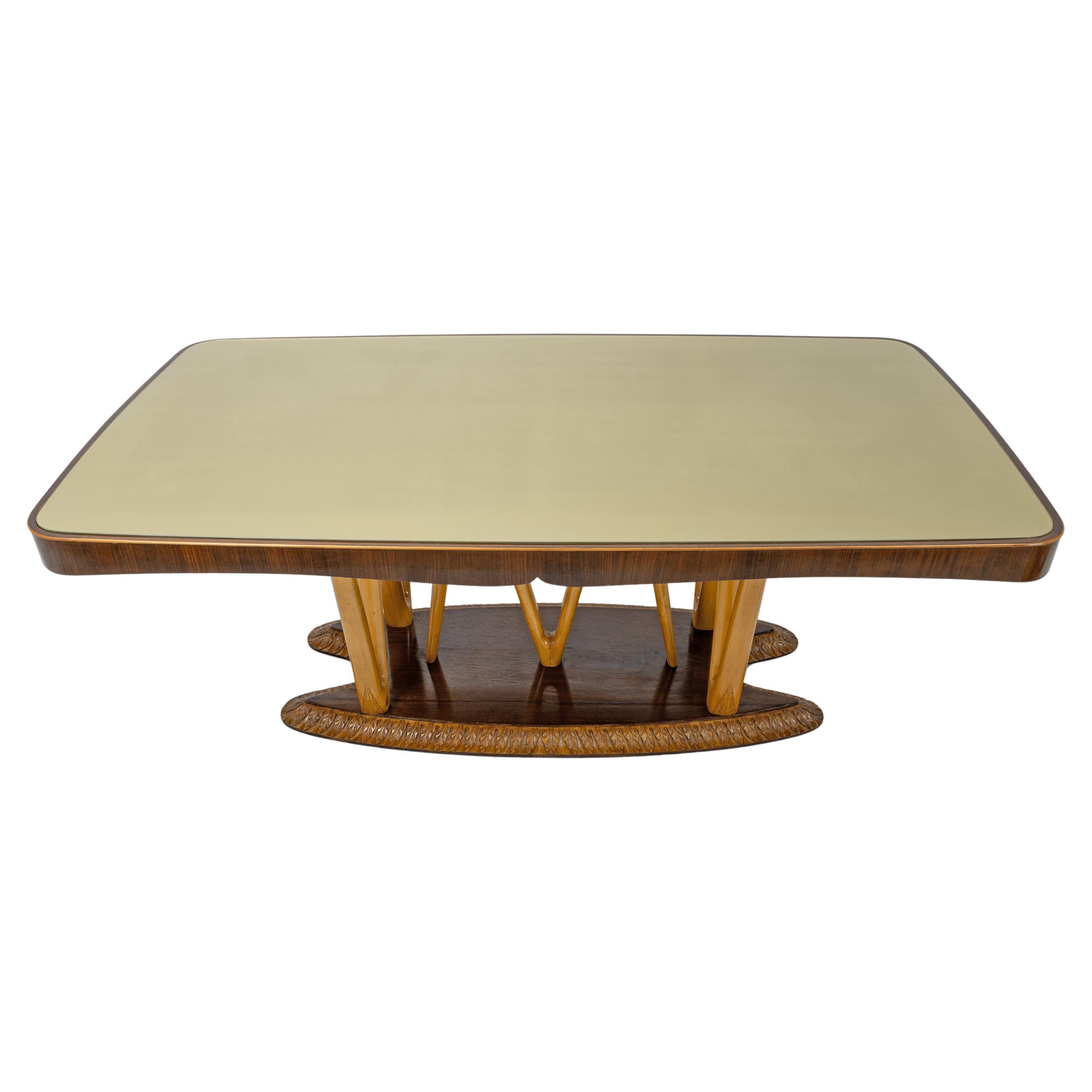 Italian Mid-Century Dining Table with Glass Top and Sculptural Maple Base, 1950s For Sale