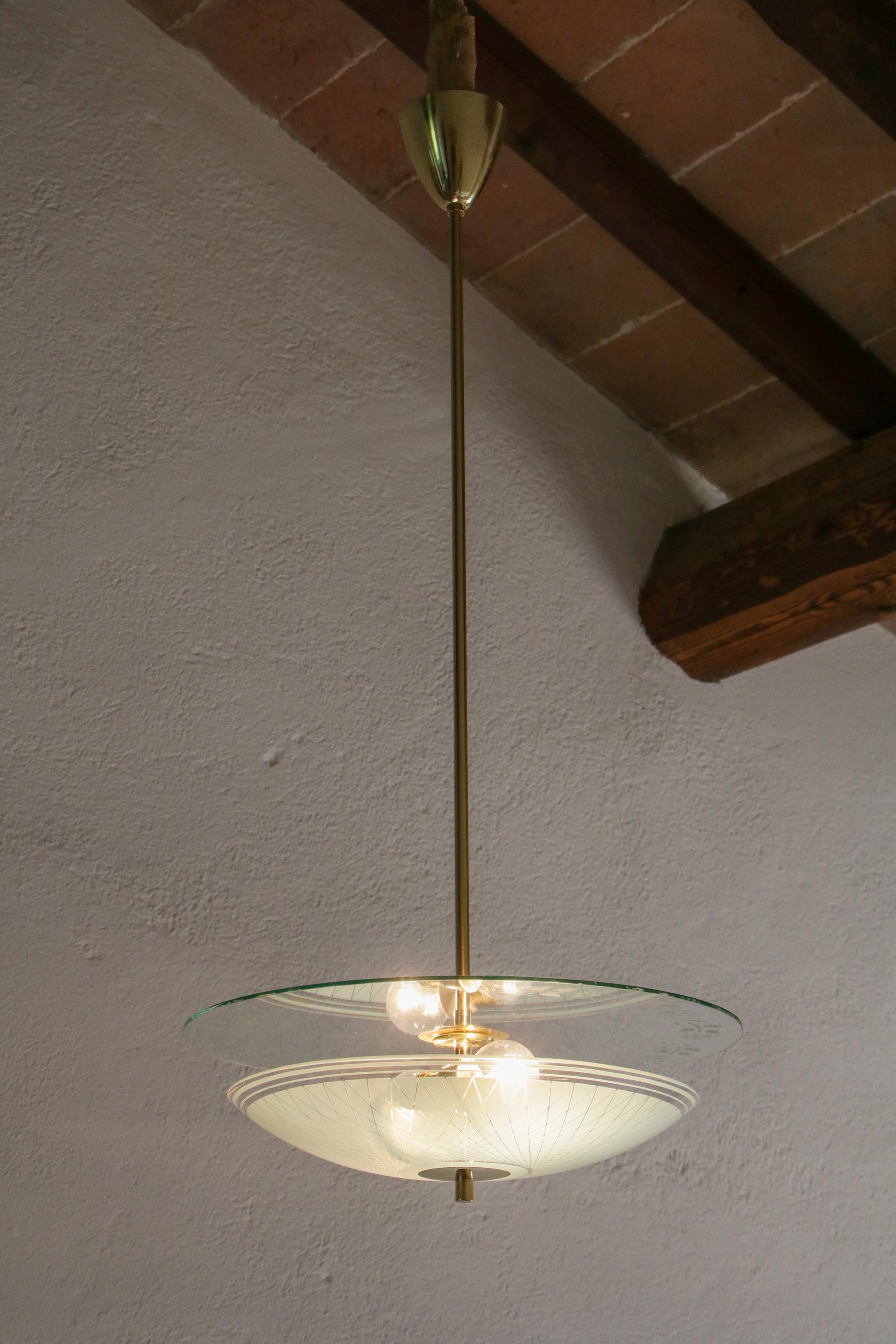 Satinato Lampada a sospensione a doppio disco in turchese, anni '50, Italia, metà del secolo scorso in vendita