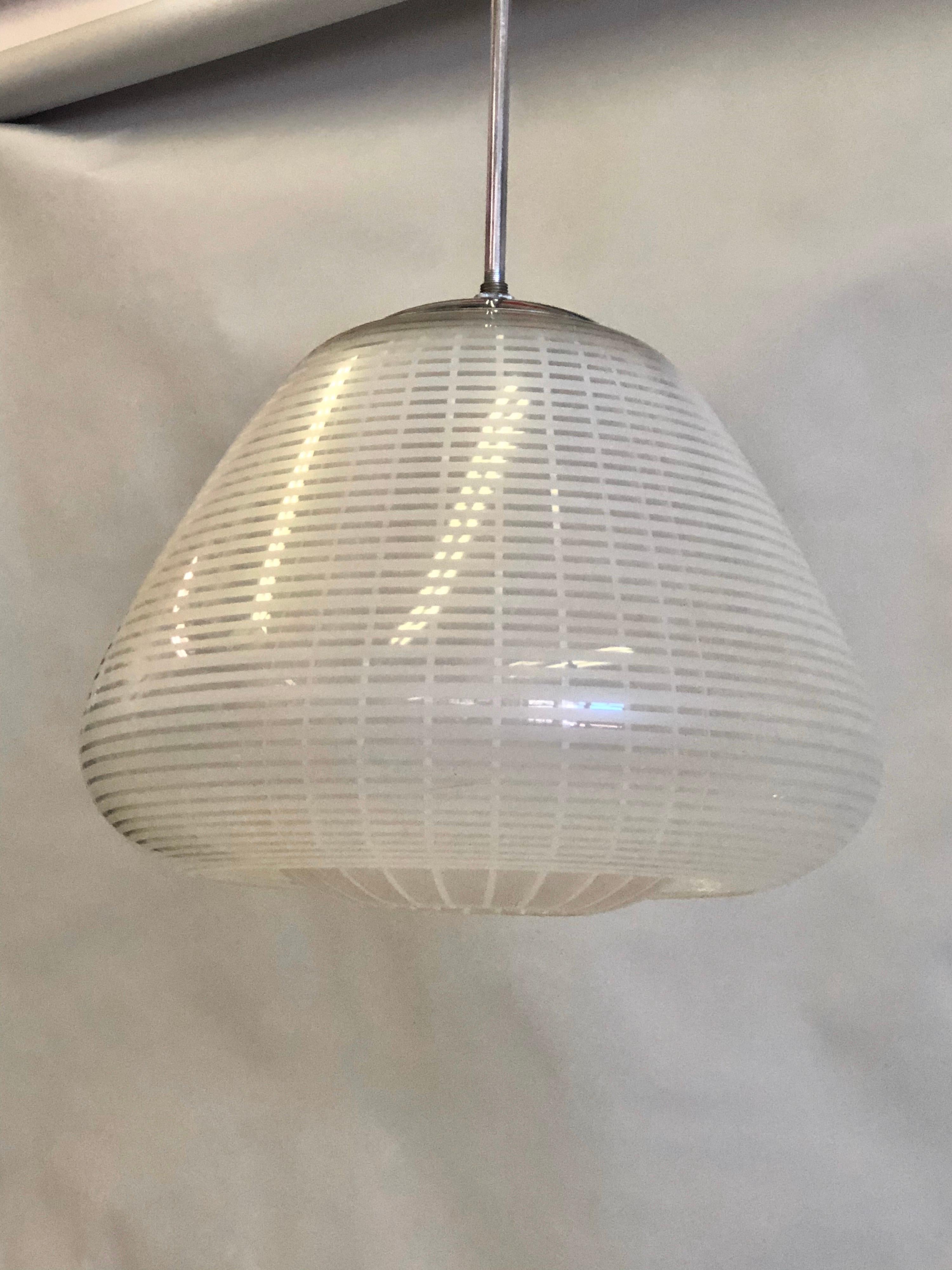 Italian Midcentury Double Murano Glass, Etched Pendant / Flush Mount by Venini In Good Condition For Sale In New York, NY