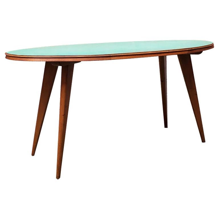 Italian Midcentury Elliptical Solid Beech Table with Green Formica Top, 1960s