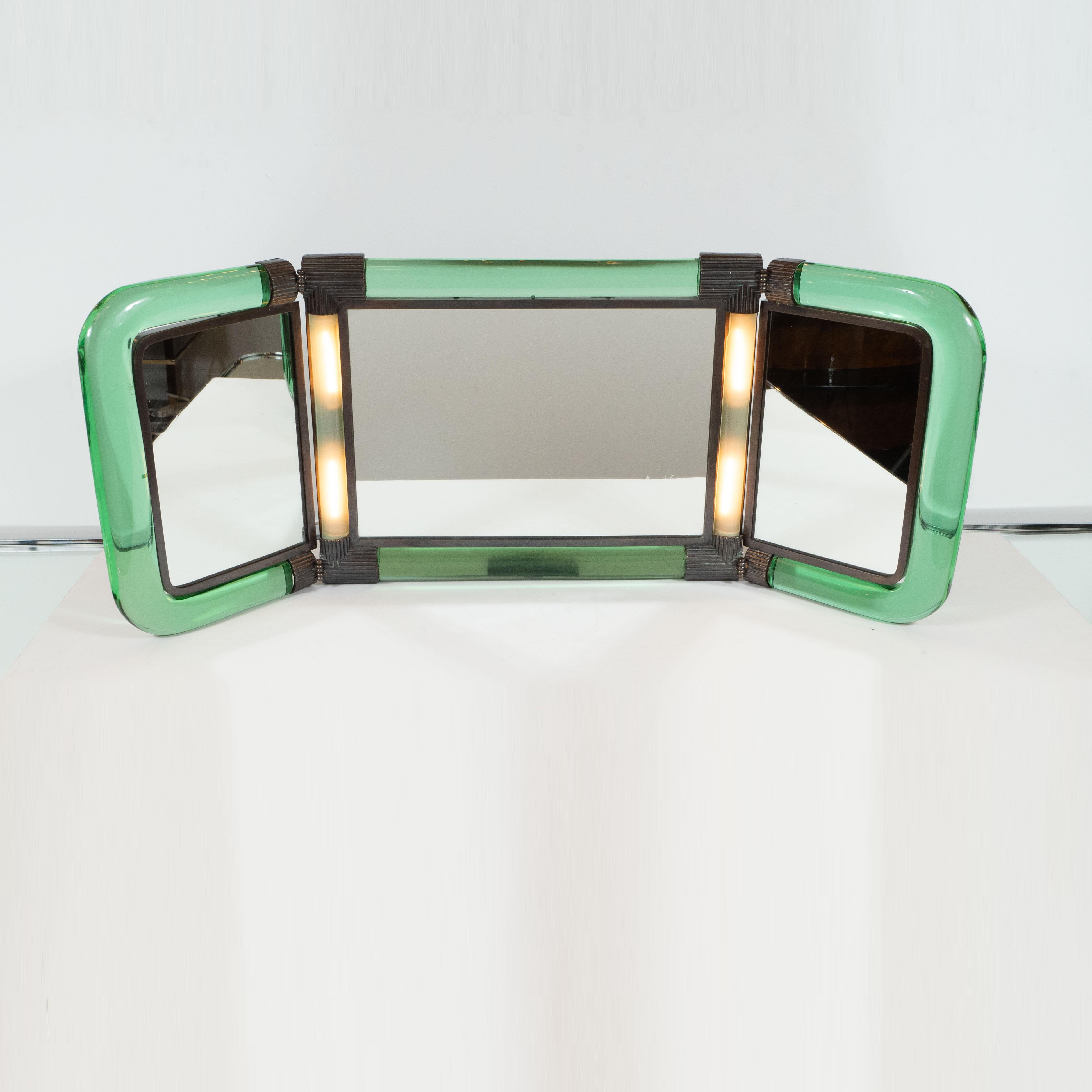 Italian Midcentury Emerald Glass, Bronze and Glass Illuminated Vanity Mirror In Excellent Condition In New York, NY