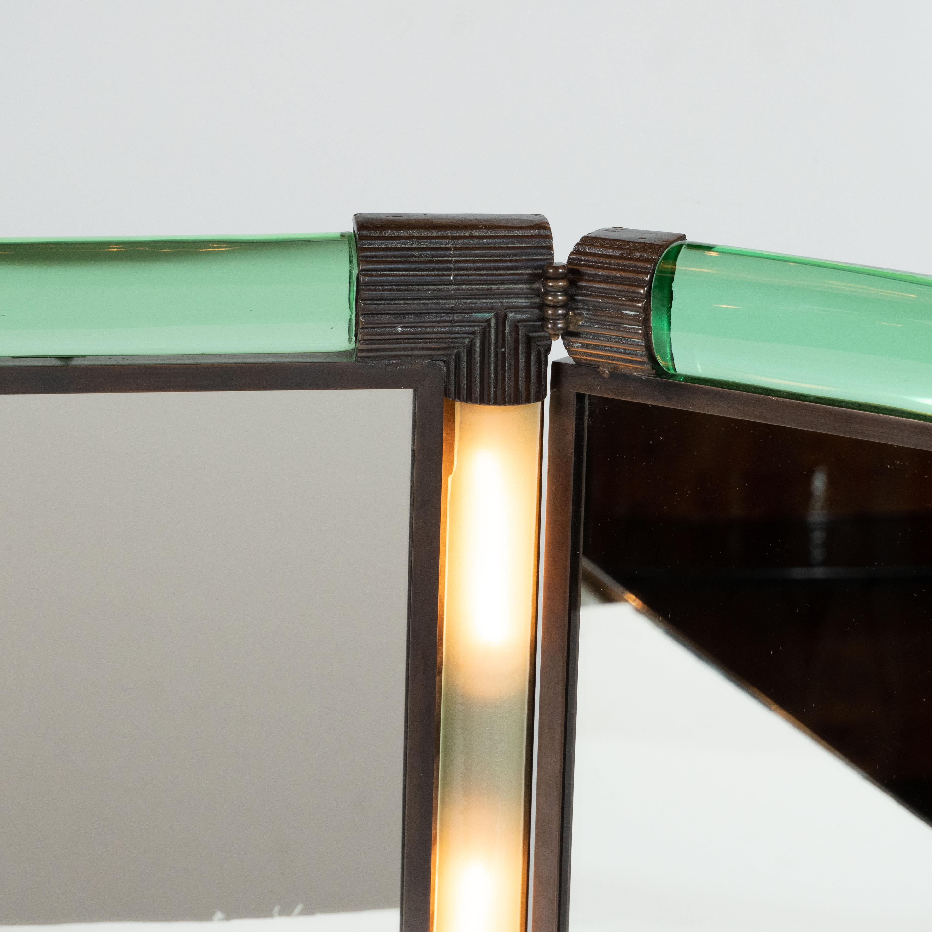 Italian Midcentury Emerald Glass, Bronze and Glass Illuminated Vanity Mirror 1