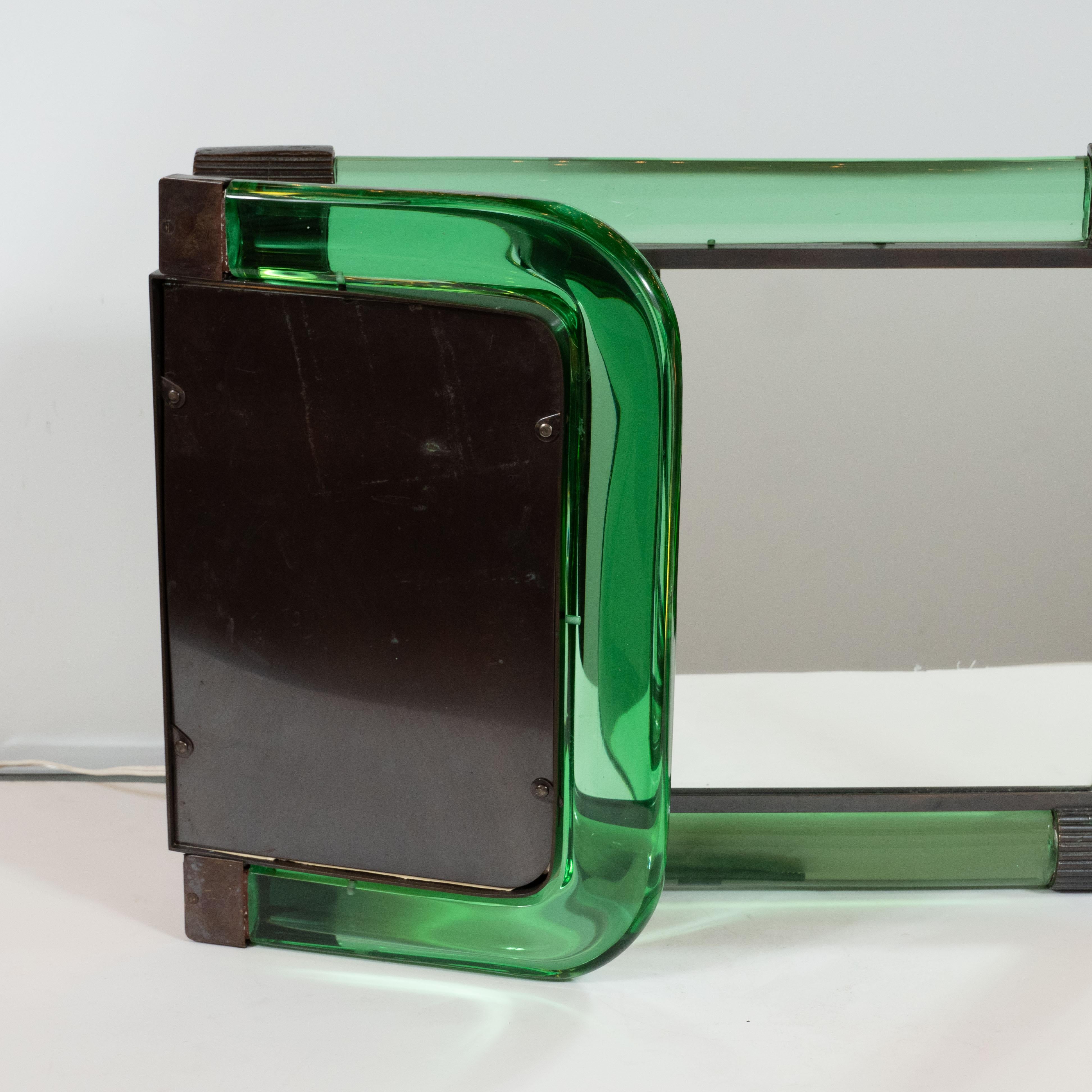 Italian Midcentury Emerald Glass, Bronze and Glass Illuminated Vanity Mirror 2