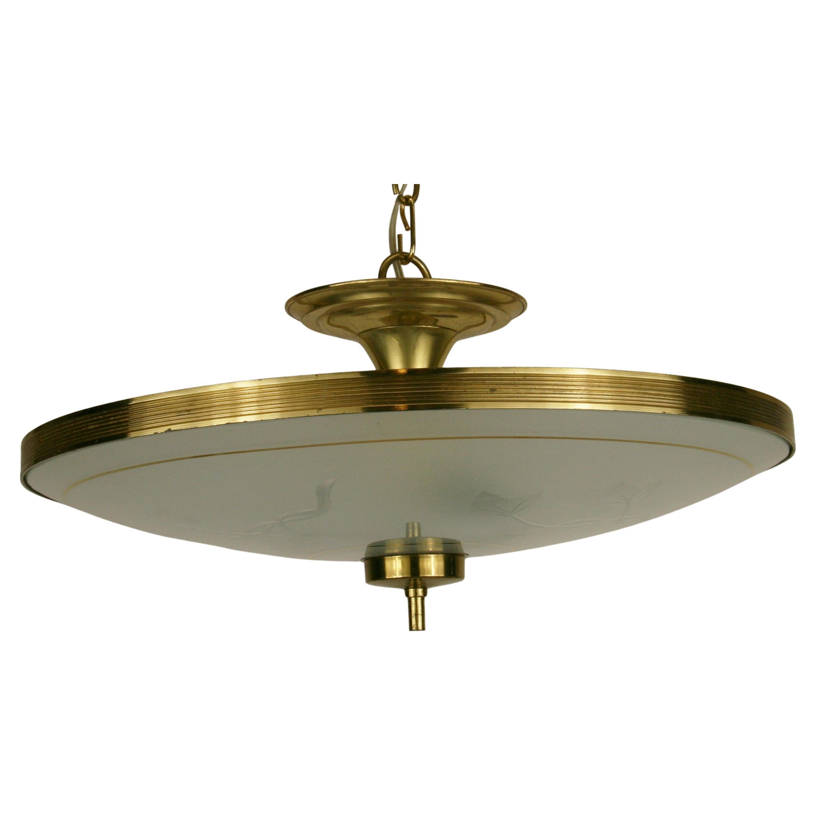 Italian Mid Century Etched glass and Brass Semi Flush Mount/Pendant
