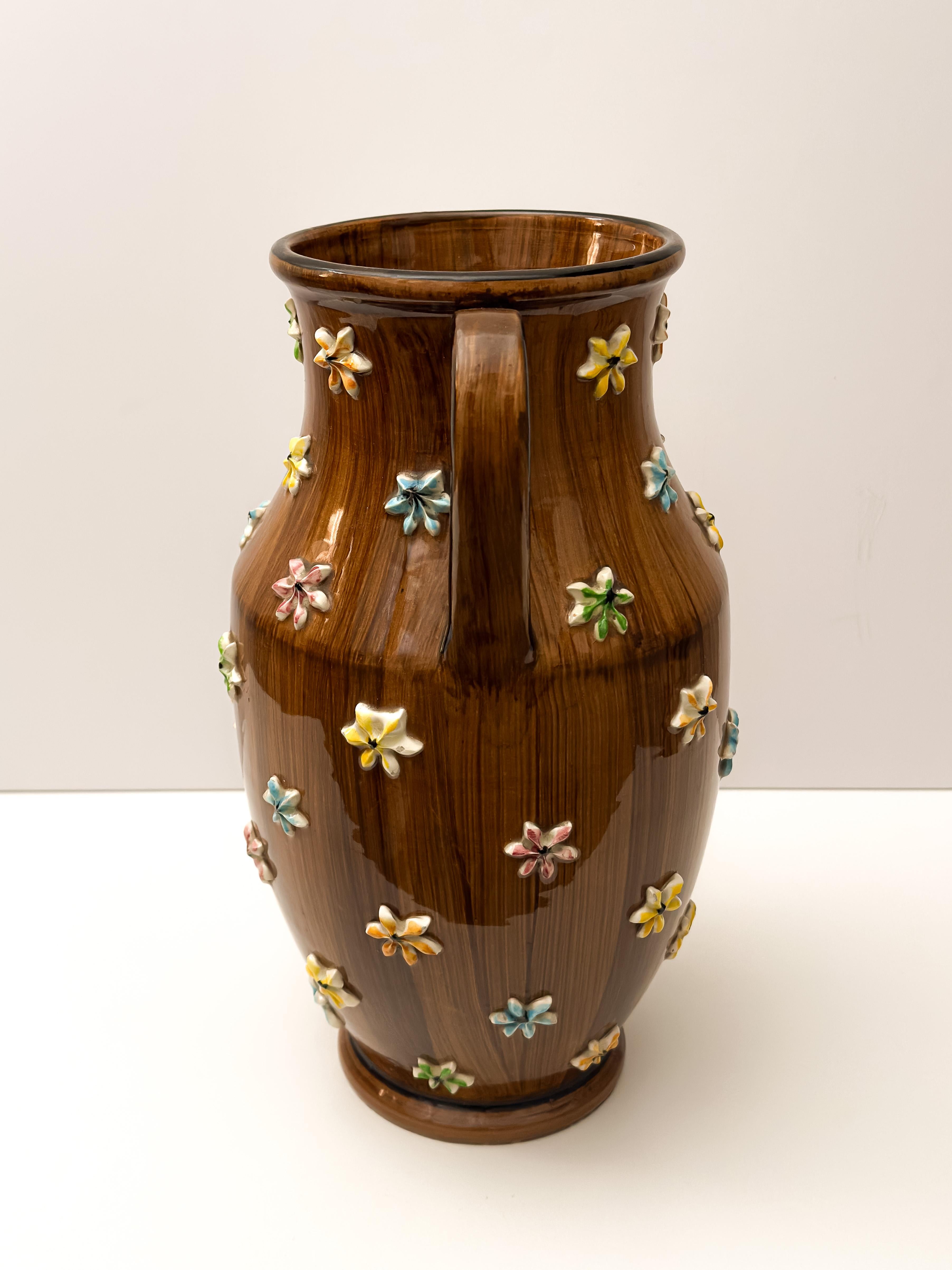 Fired Italian Mid-Century, Faux Bois, Double-Handled Urn Vase by Fratelli Fanciullacci