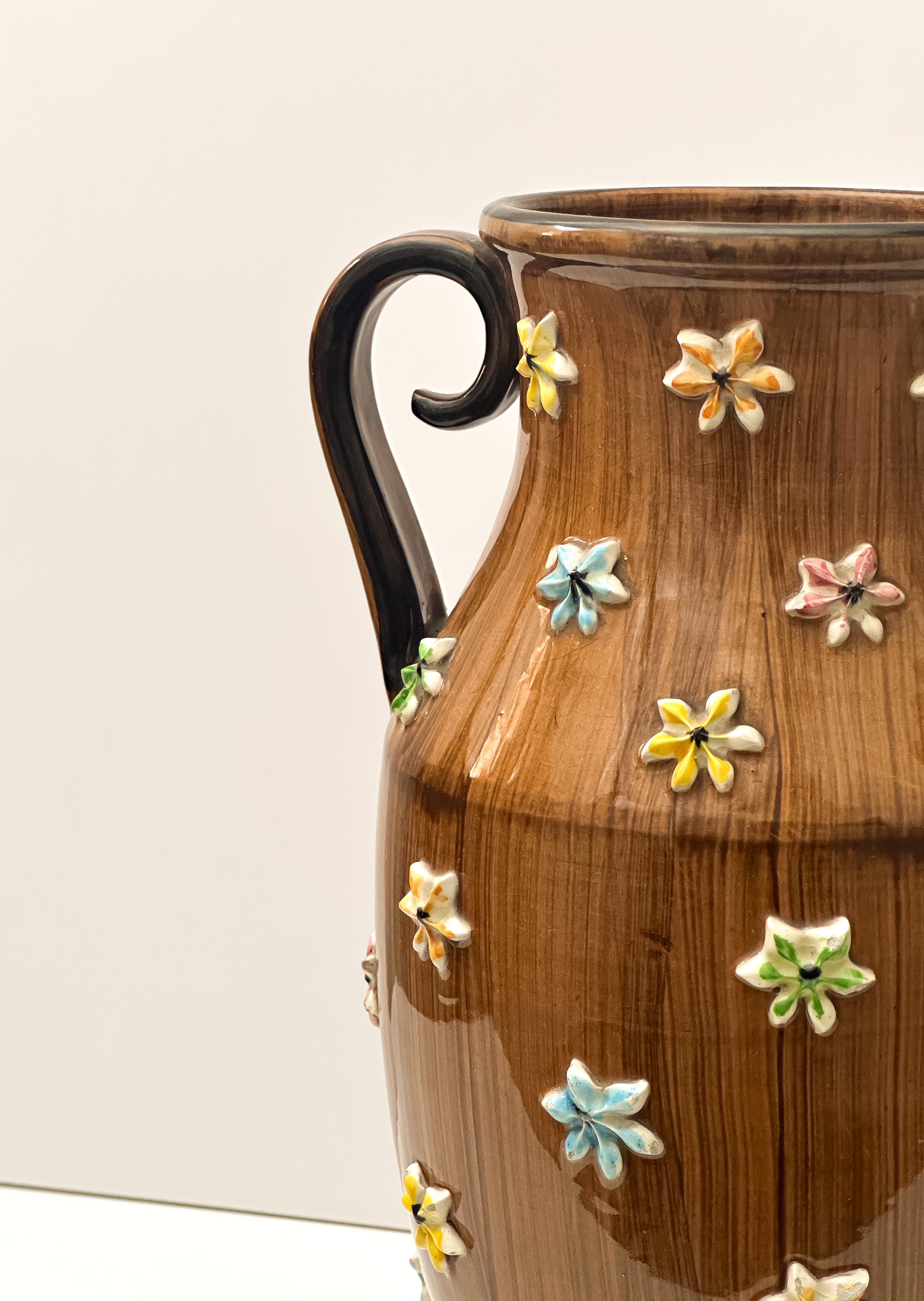 Ceramic Italian Mid-Century, Faux Bois, Double-Handled Urn Vase by Fratelli Fanciullacci