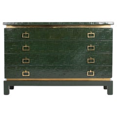 Italian Mid-Century Fir Green Rattan Marquetry Chest with Brass Hardware 1960s