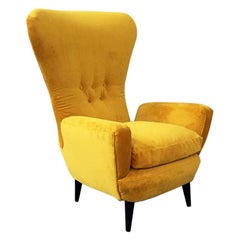 Italian Midcentury Fire Yellow Velvet and Wooden Armchair Bergère, 1950s