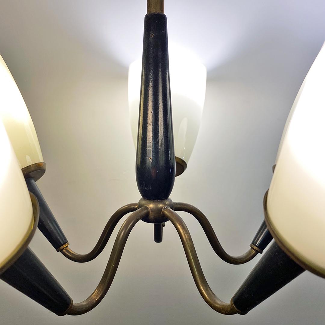 Italian Mid-Century Five-Arm Chandelier with Brass Structure and Glass, 1950s 7