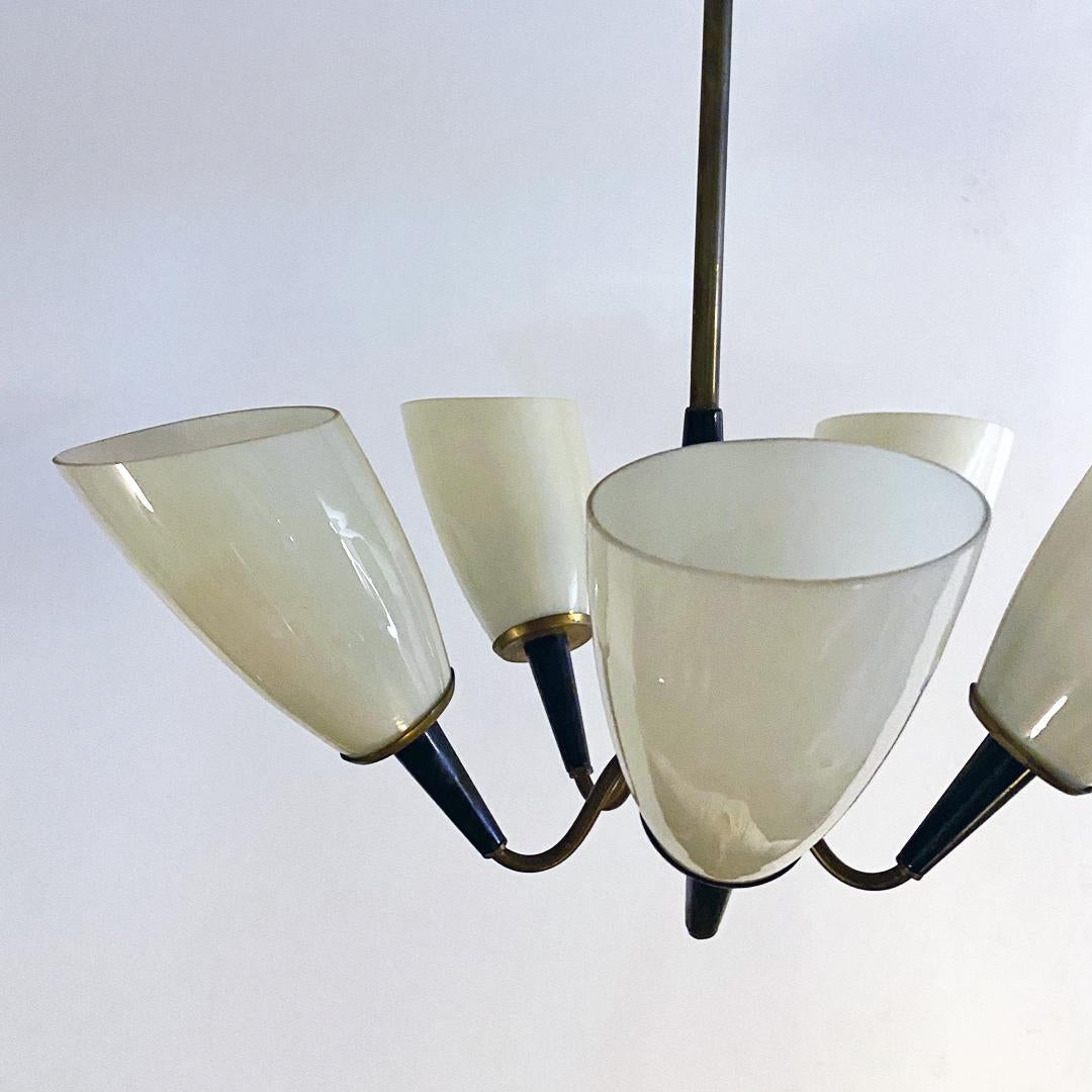 Italian Mid-Century Five-Arm Chandelier with Brass Structure and Glass, 1950s 9