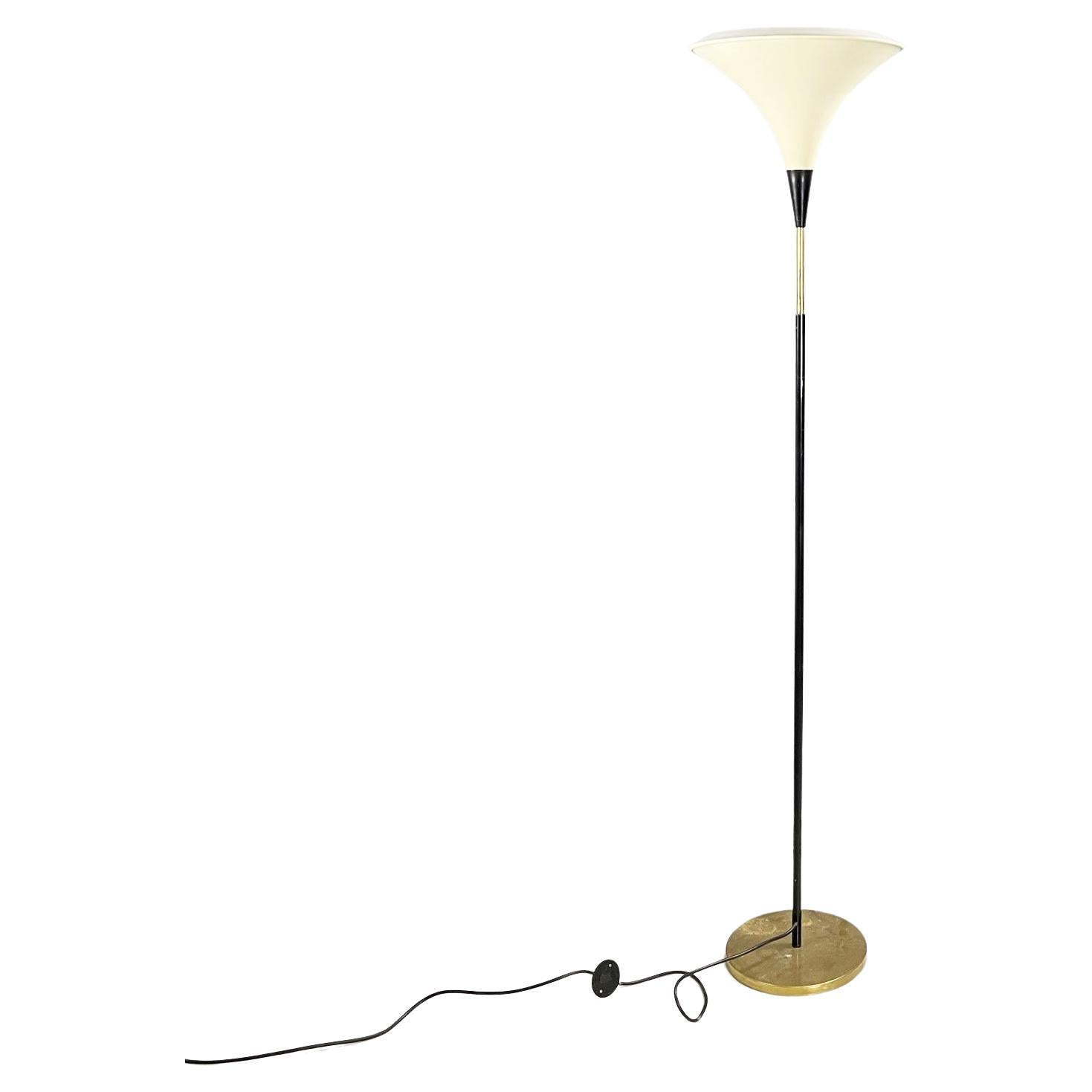 Italian Mid-Century Floor Lamp in Brass, Glass, White and Black Metal, 1950s