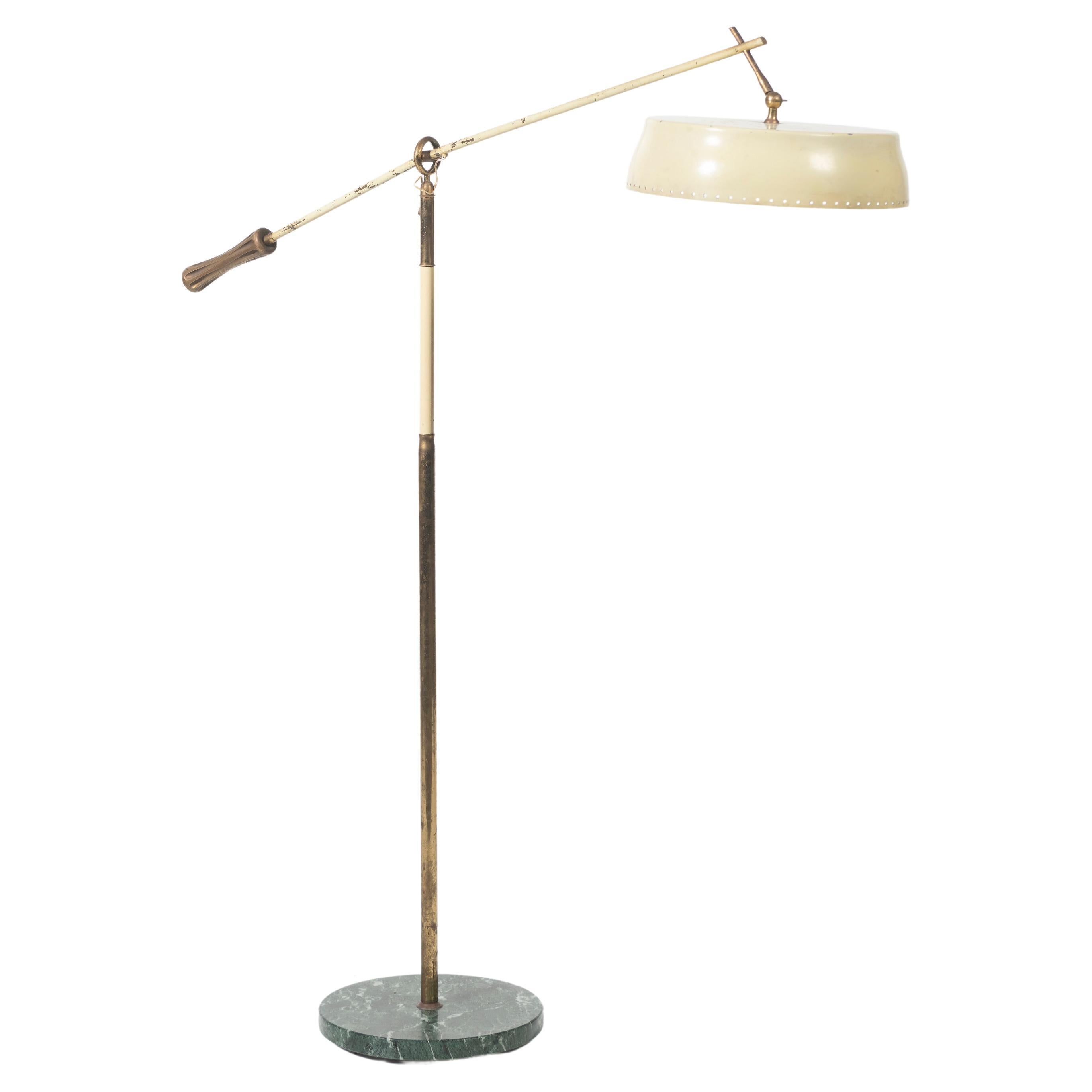 Italian Mid Century Floor Lamp in Brass with Swing Arm and Green Marble Base