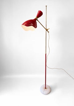 Italian Mid-Century Floor Lamp in Red Lacquered Metal, Brass and Marble, Italy