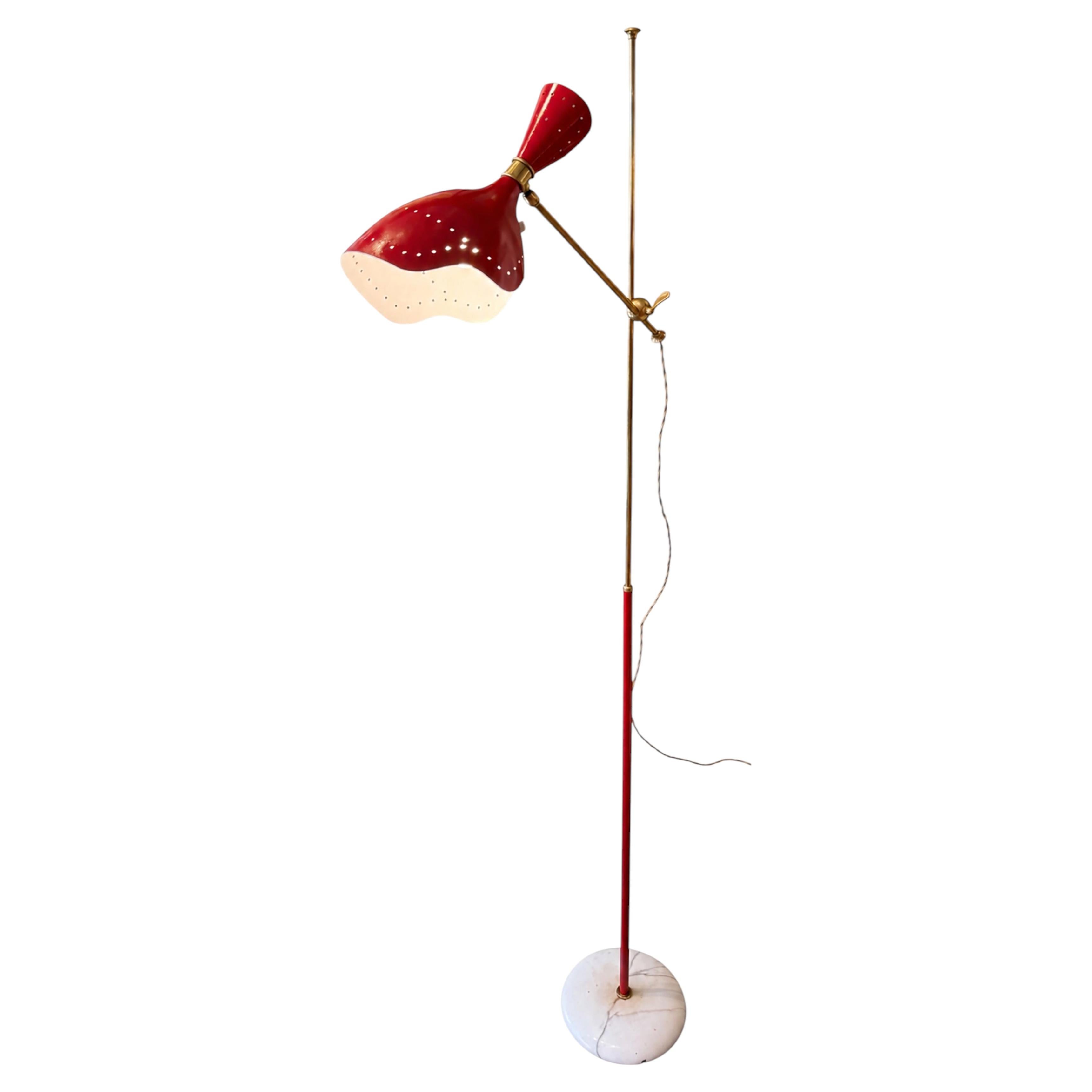 Italian Mid-Century Floor Lamp in Red Lacquered Metal, Brass and Marble, Italy