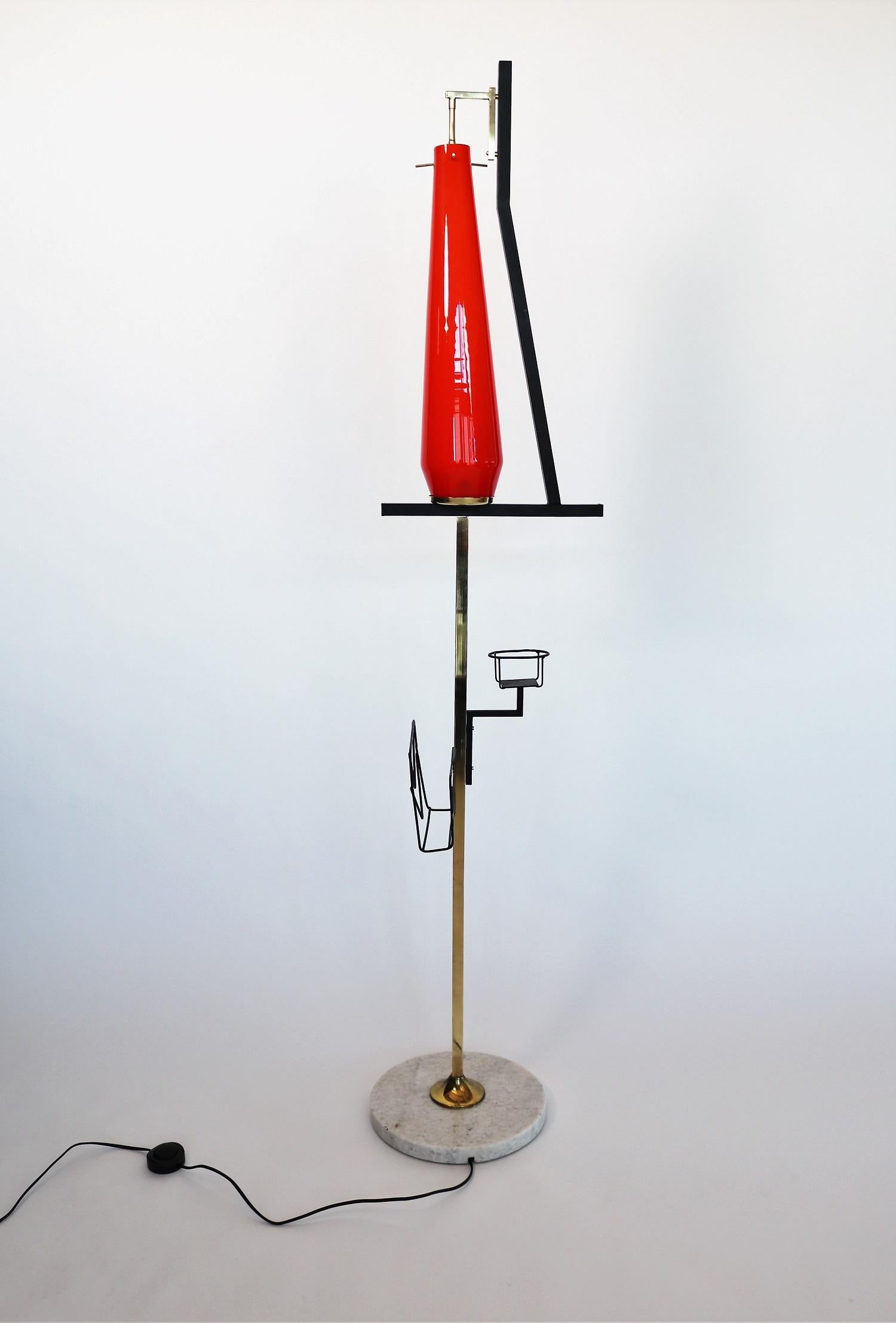 Italian Midcentury Floor Lamp with Red Glass by Vistosi, 1950s 6