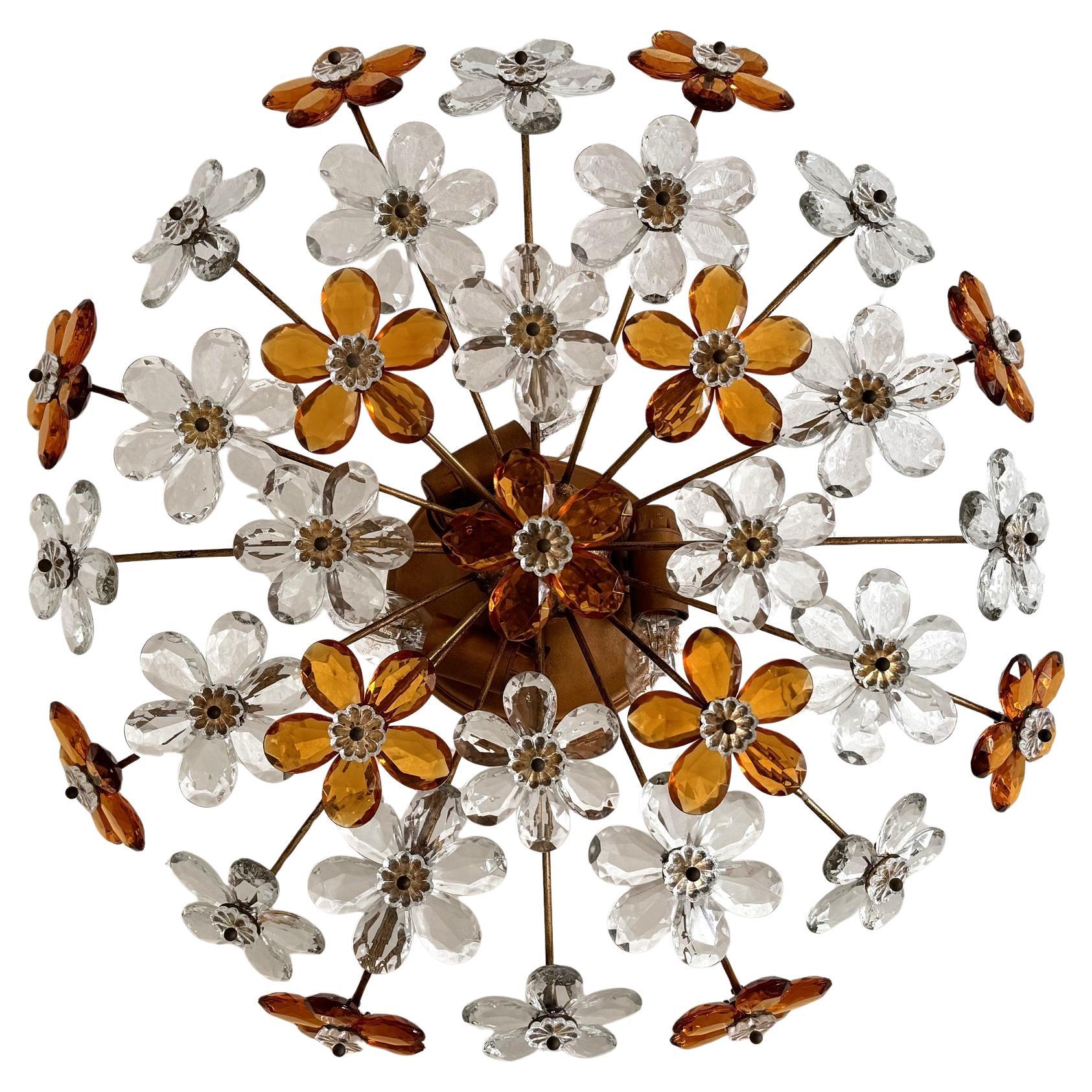 Italian Mid-century Florentine Flush Mount Light with Murano Glass Flowers