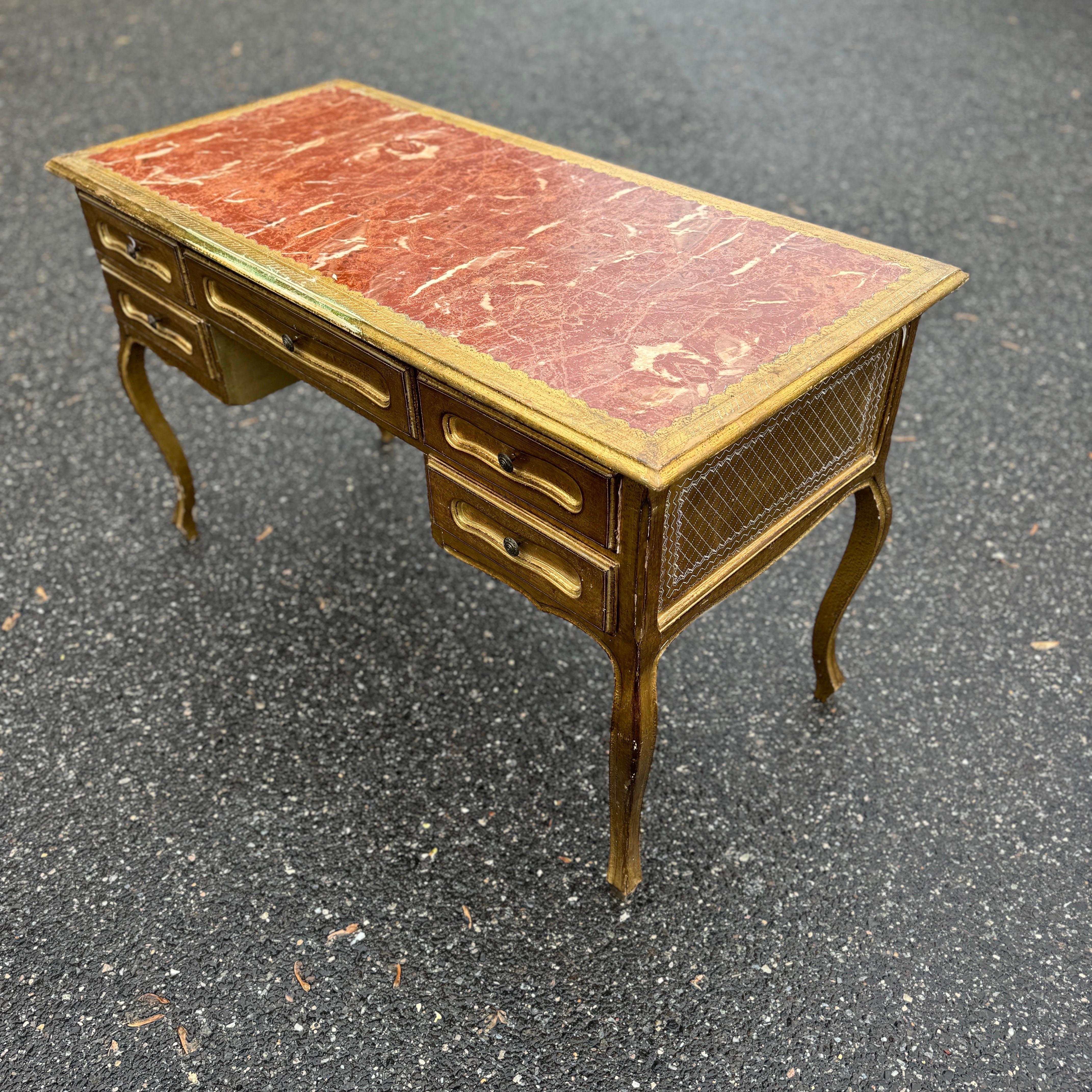 Hand-Crafted Italian Mid-Century Florentine Gilt Desk with Drawers For Sale