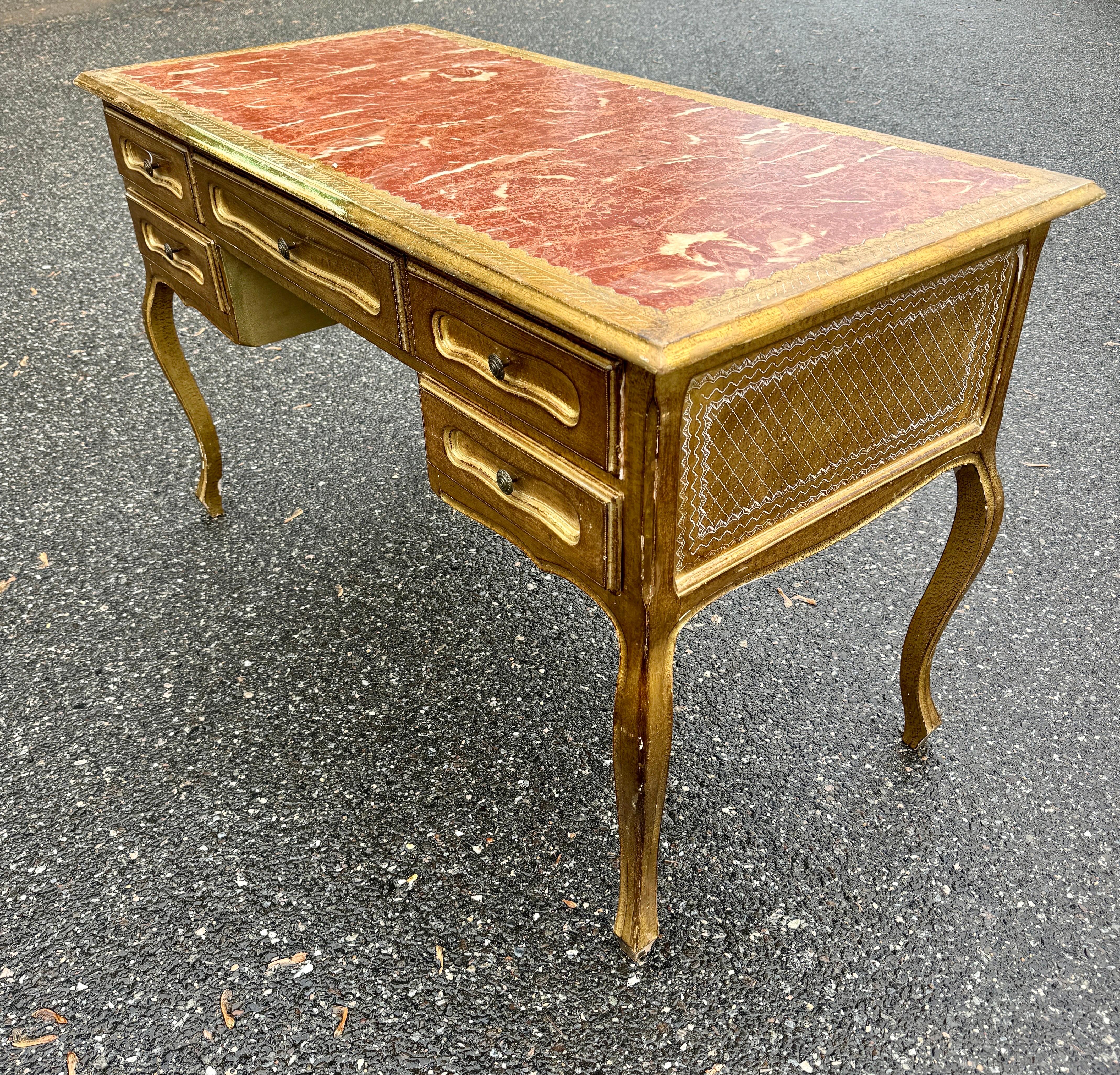 Italian Mid-Century Florentine Gilt Desk with Drawers In Good Condition For Sale In Haddonfield, NJ