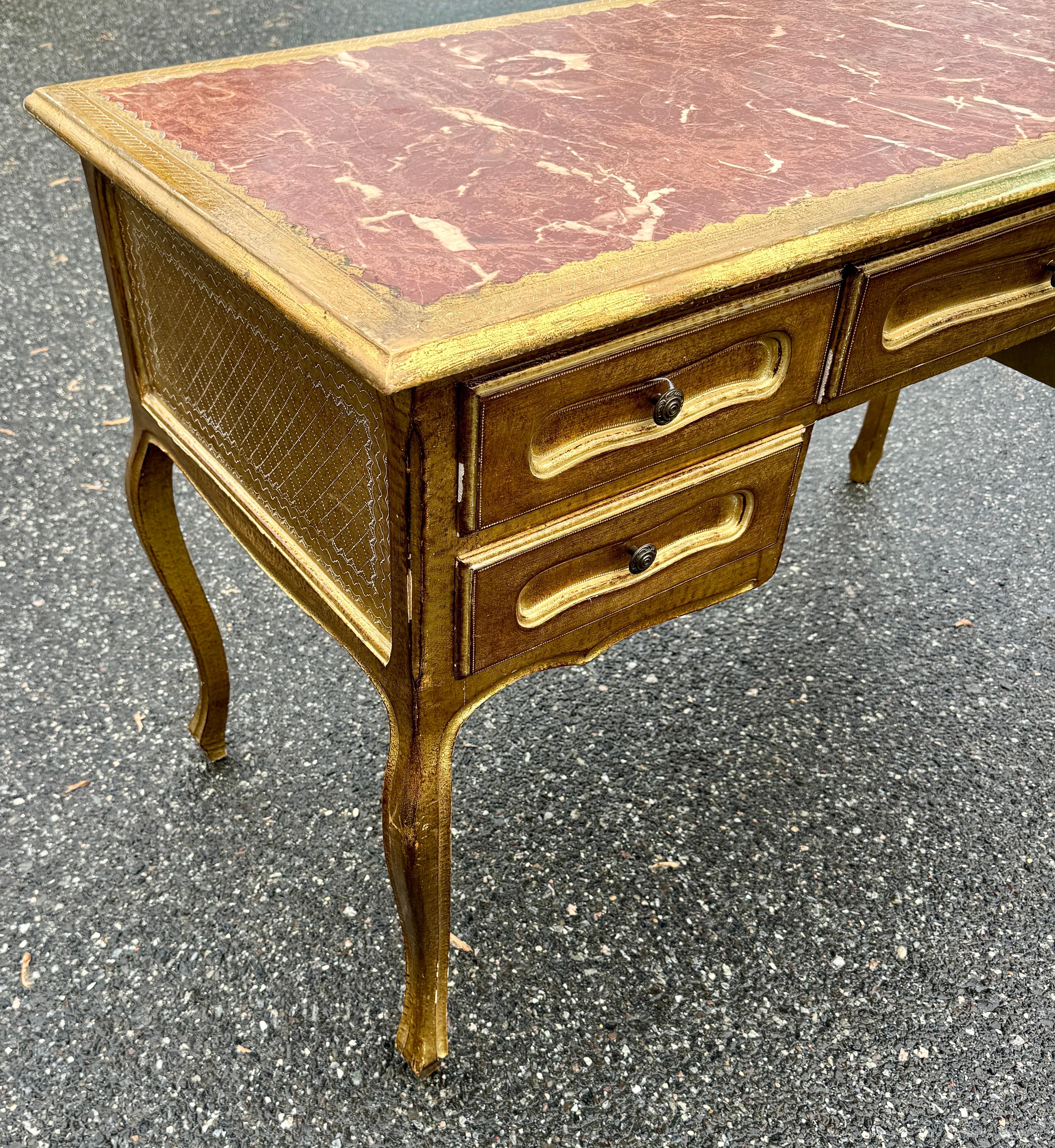 20th Century Italian Mid-Century Florentine Gilt Desk with Drawers For Sale