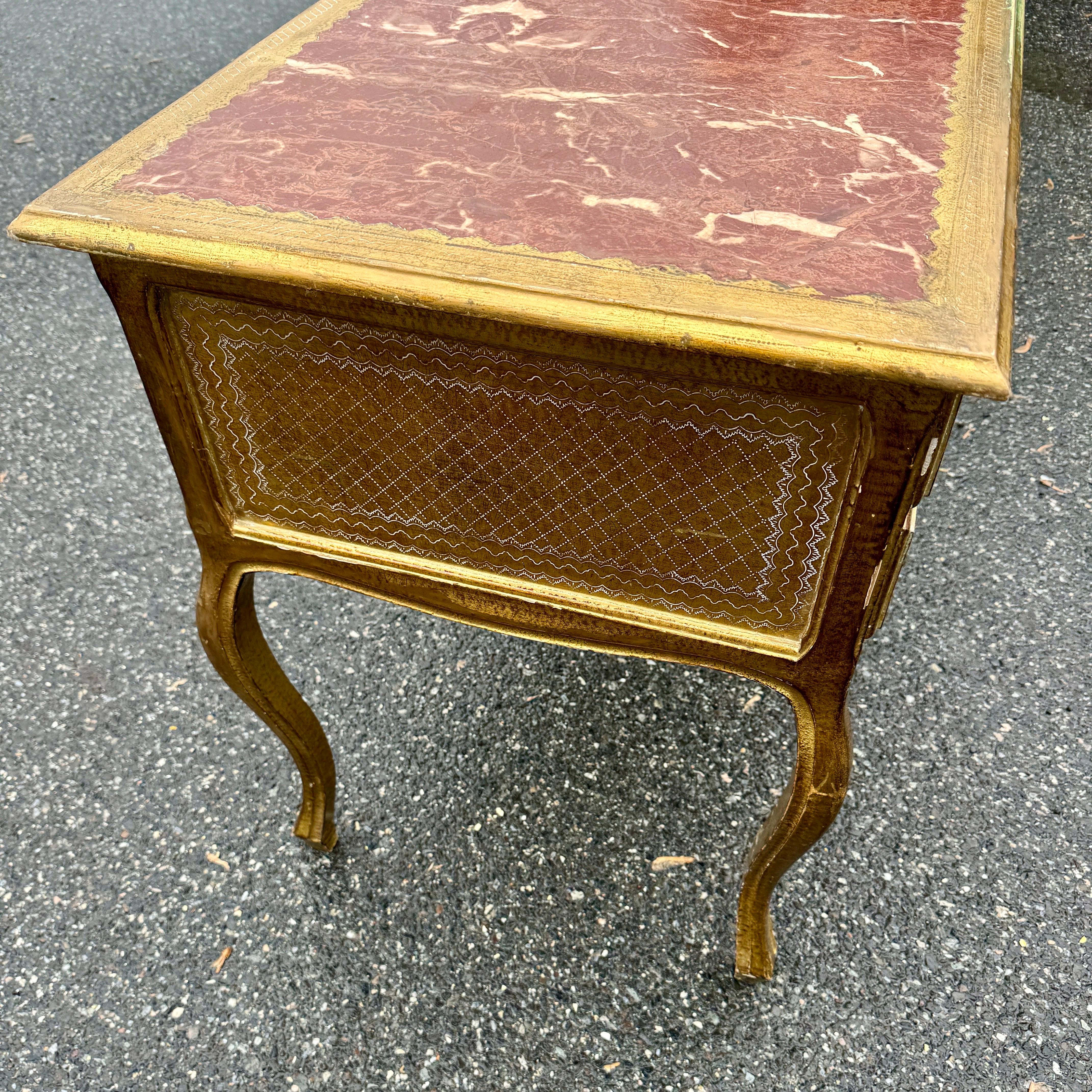 Faux Leather Italian Mid-Century Florentine Gilt Desk with Drawers For Sale