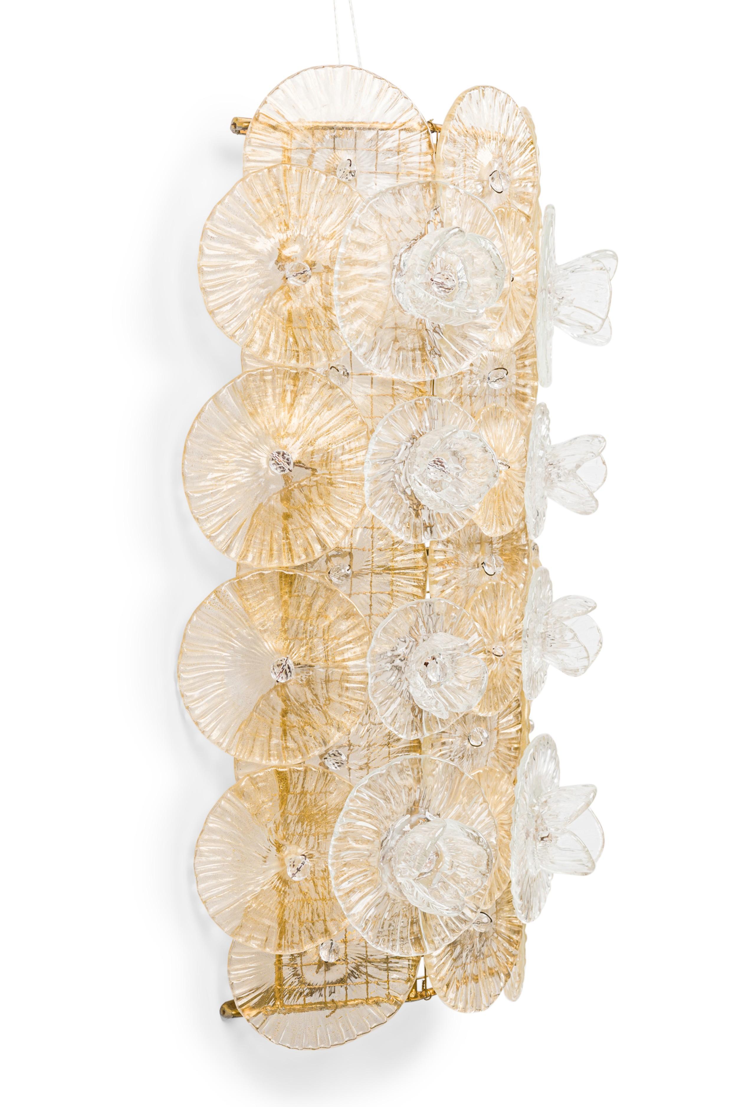 2 PAIR of Italian Mid-Century Murano style gold dustted and clear glass wall sconce covered with leaves and flowers attached to a wire frame (PRICED PER PAIR)
