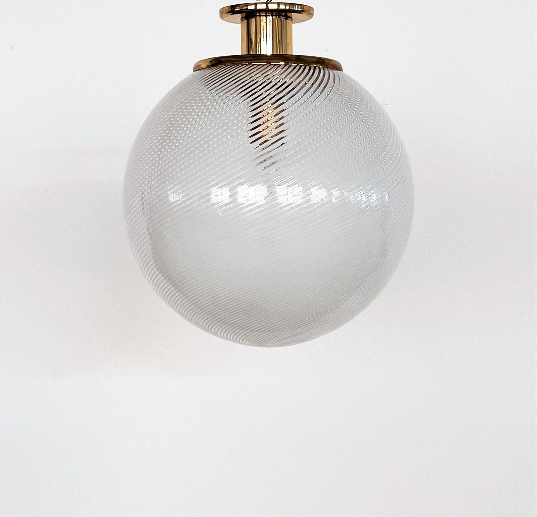 Late 20th Century Italian Mid-Century Flush Mount Pendant Murano Glass and Brass Globe by Venini