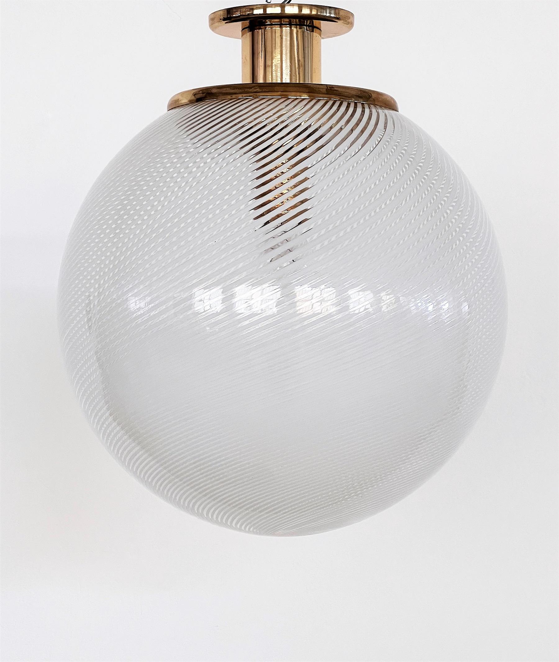 Italian Mid-Century Flush Mount Pendant Murano Glass and Brass Globe by Venini 1