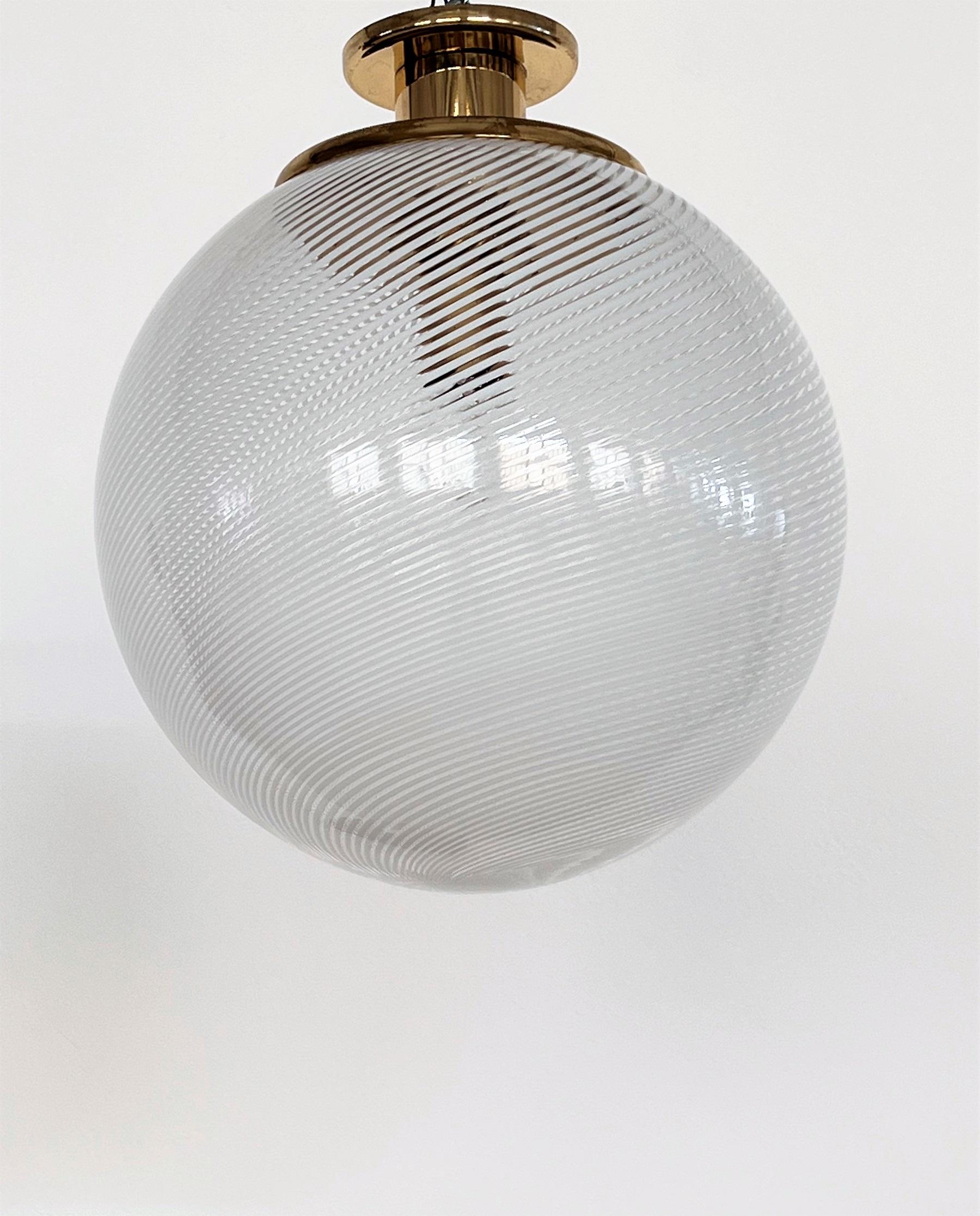 Italian Mid-Century Flush Mount Pendant Murano Glass and Brass Globe by Venini 3