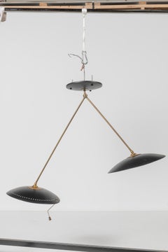 Italian Mid-Century Flush Mounted Pendant with Perforated Black Metal Shades