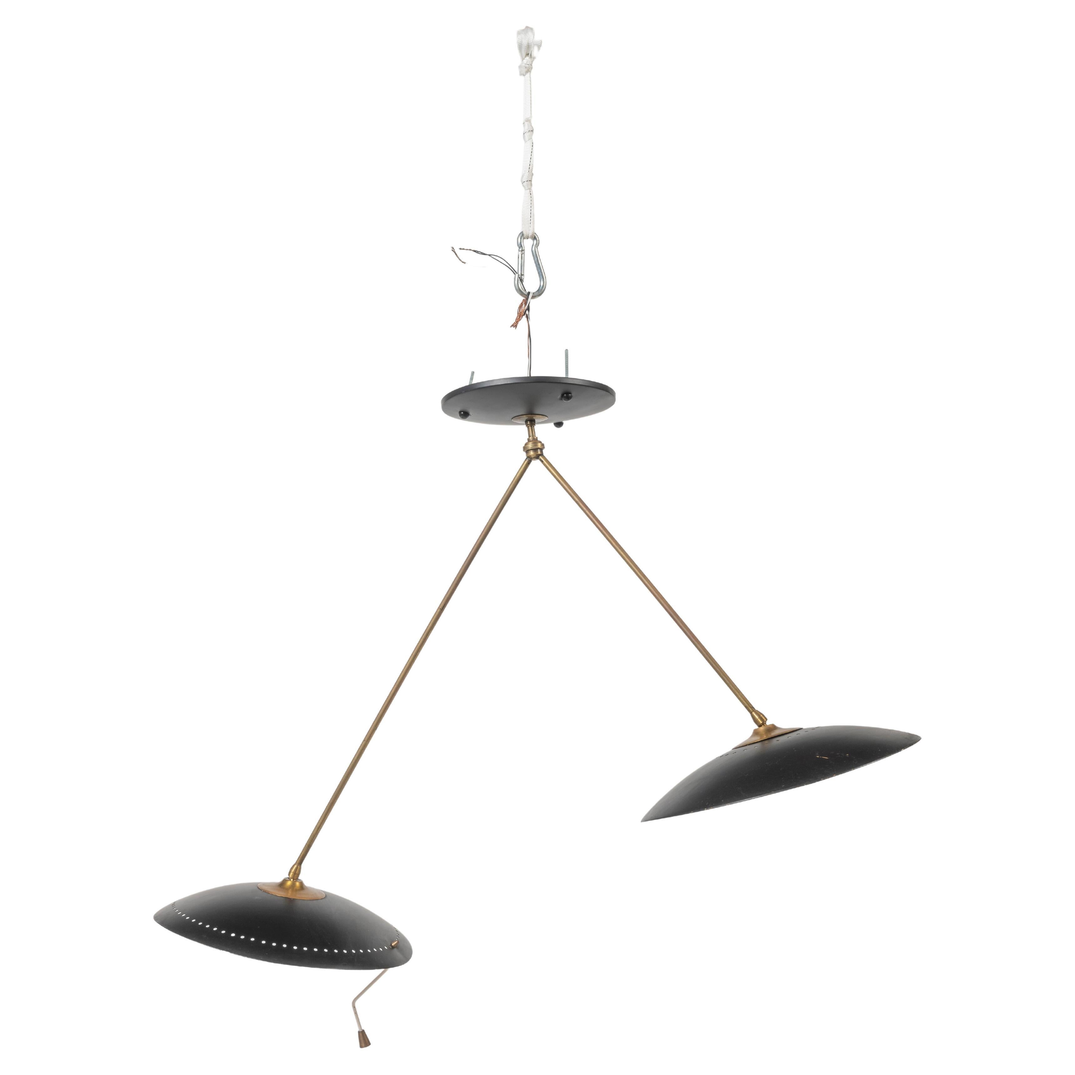 Italian Mid-Century Flush Mounted Pendant with Perforated Black Metal Shades For Sale