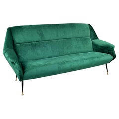 Italian Mid-Century Forest Green Velvet Sofa with Black Metal Brass Feet, 1950s