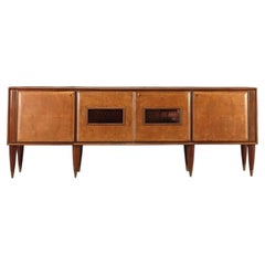 Italienisches viertüriges Sideboard aus der Mitte des Jahrhunderts, Birkenmaser und Glas, 1950er Jahre