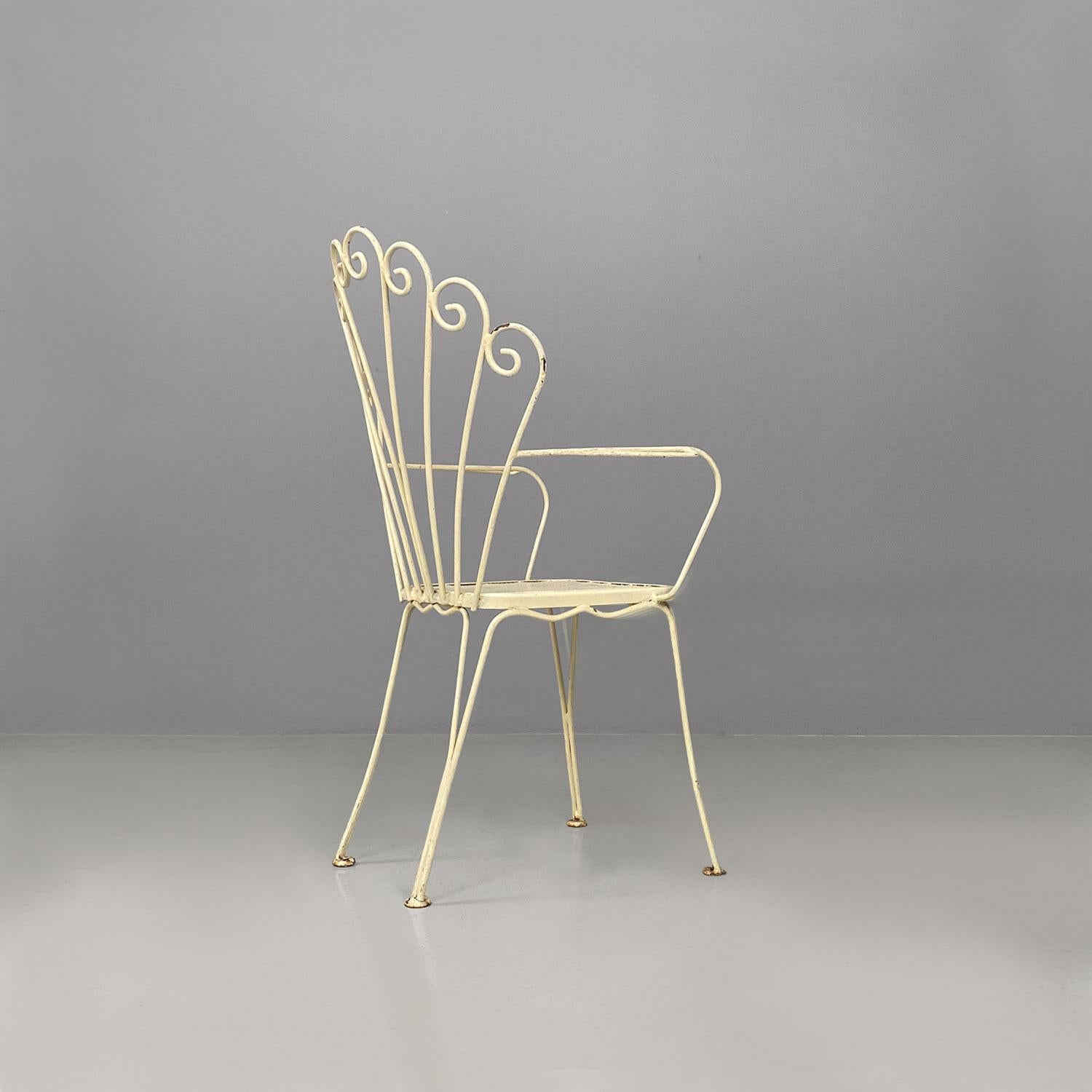 Italian mid-century four white wrought iron outdoor chairs with curls, 1960s For Sale 9