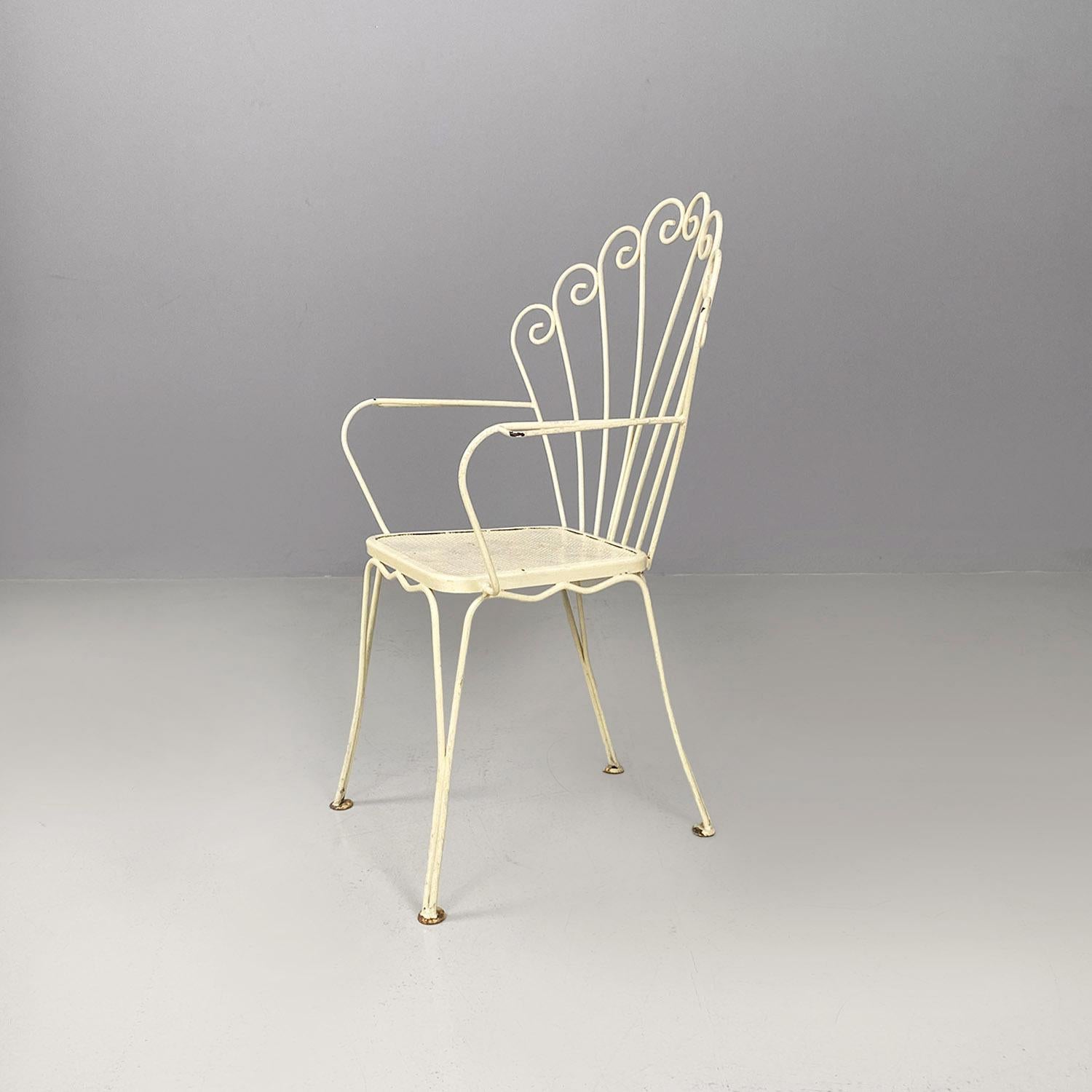 Italian mid-century four white wrought iron outdoor chairs with curls, 1960s For Sale 10