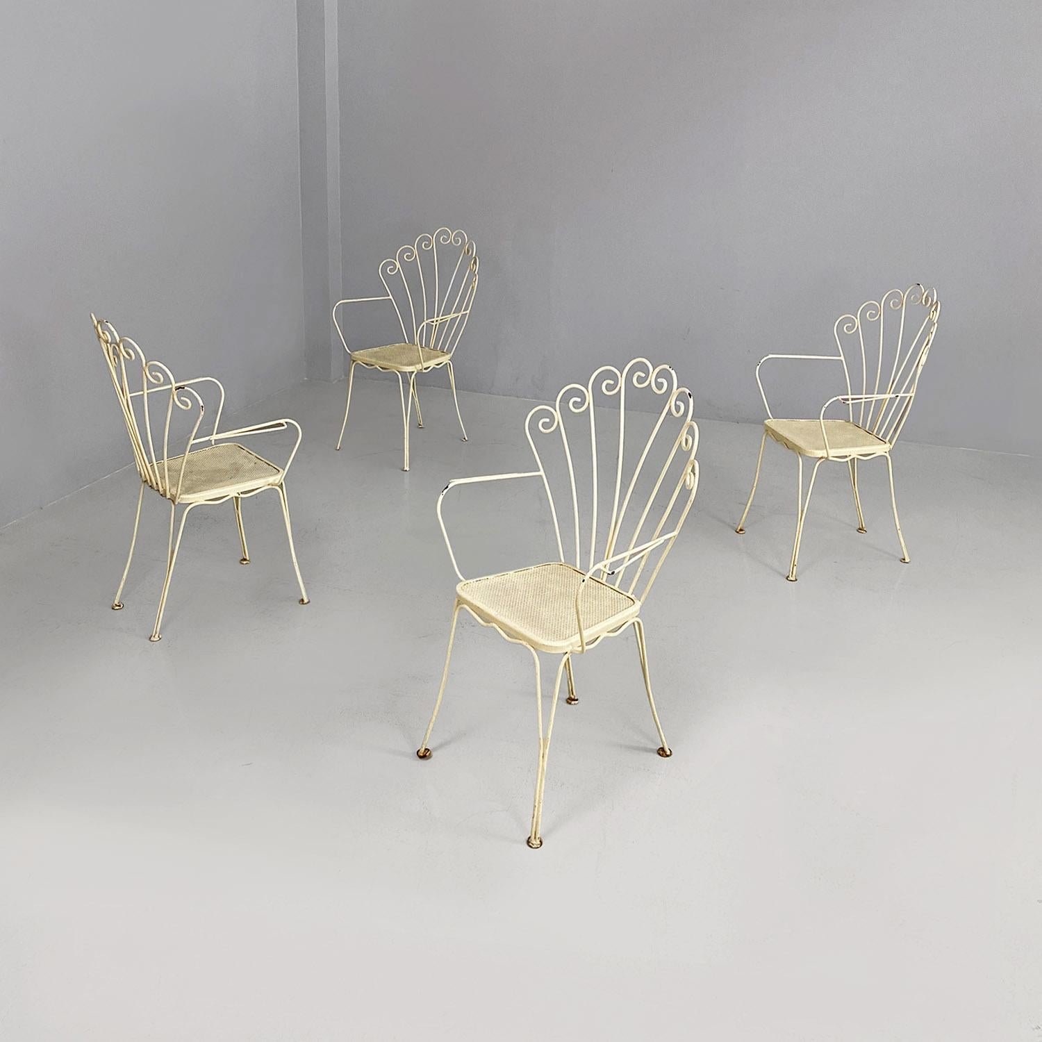 Italian mid-century four white wrought iron outdoor chairs with curls, 1960s For Sale 13