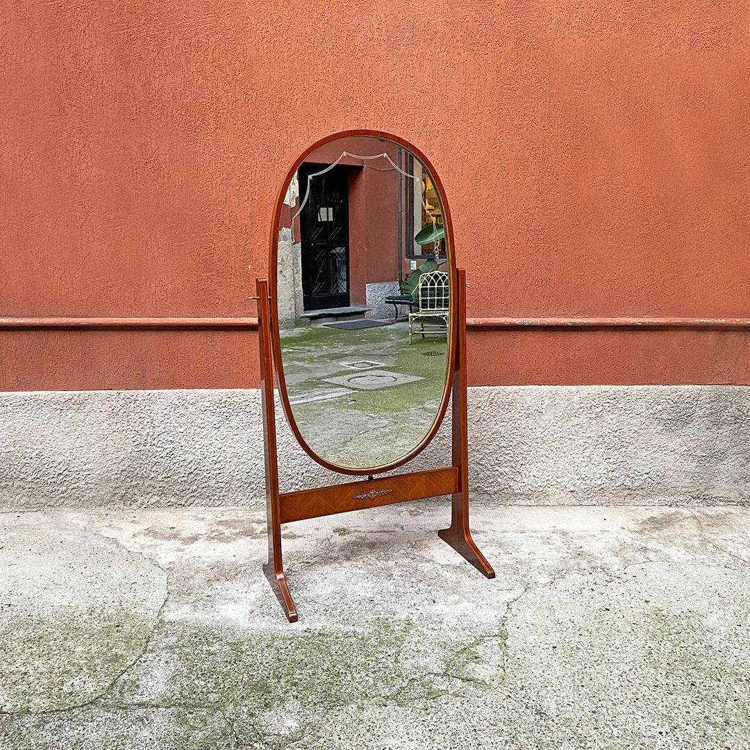 Mid-Century Modern Italian Mid Century Free-Standing, Full Lenght, Oval Wood Floor Mirror, 1950s For Sale