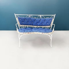 Italian Mid-Century Garden Bench in White Wrought Iron and Fabric, 1960s